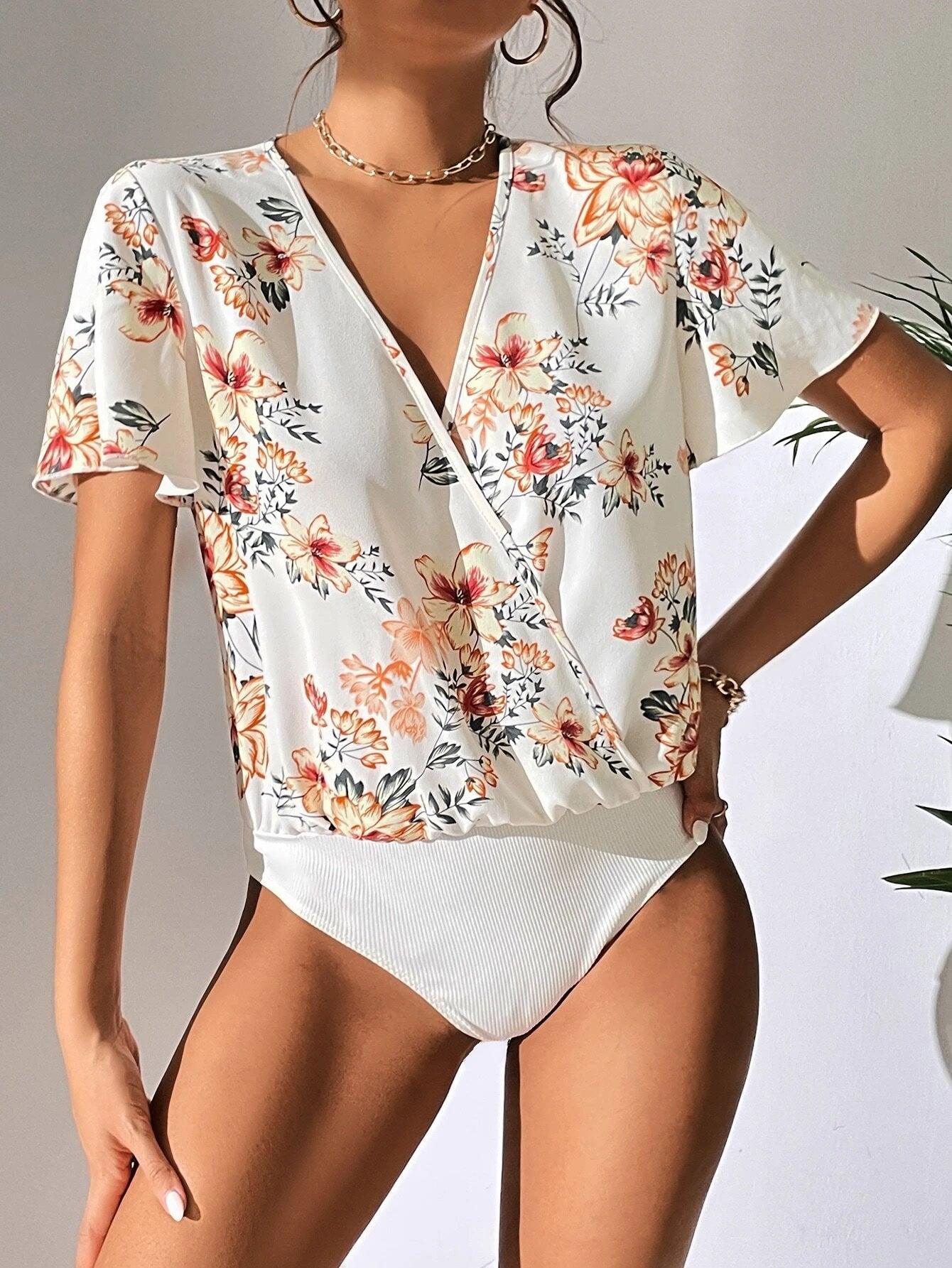 Floral Print Surplice Neck Butterfly Sleeve Bodysuit-Comfy Jumpsuits