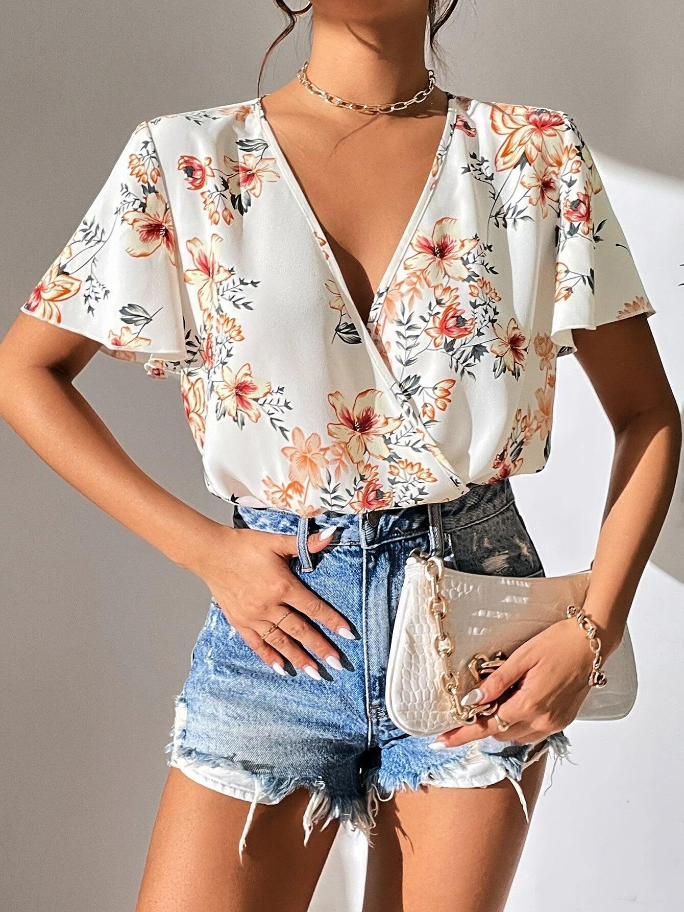 Floral Print Surplice Neck Butterfly Sleeve Bodysuit-Comfy Jumpsuits