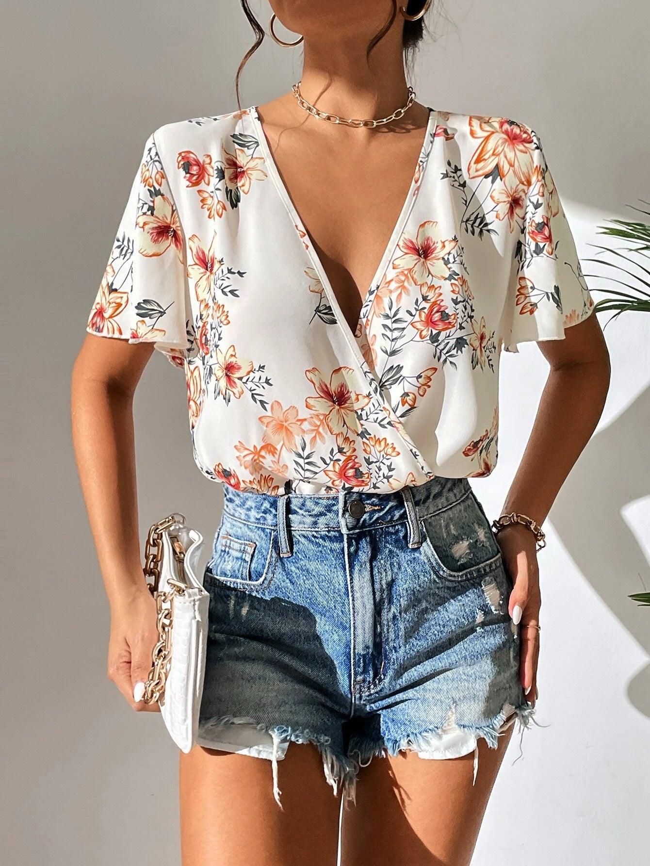 Floral Print Surplice Neck Butterfly Sleeve Bodysuit-Comfy Jumpsuits