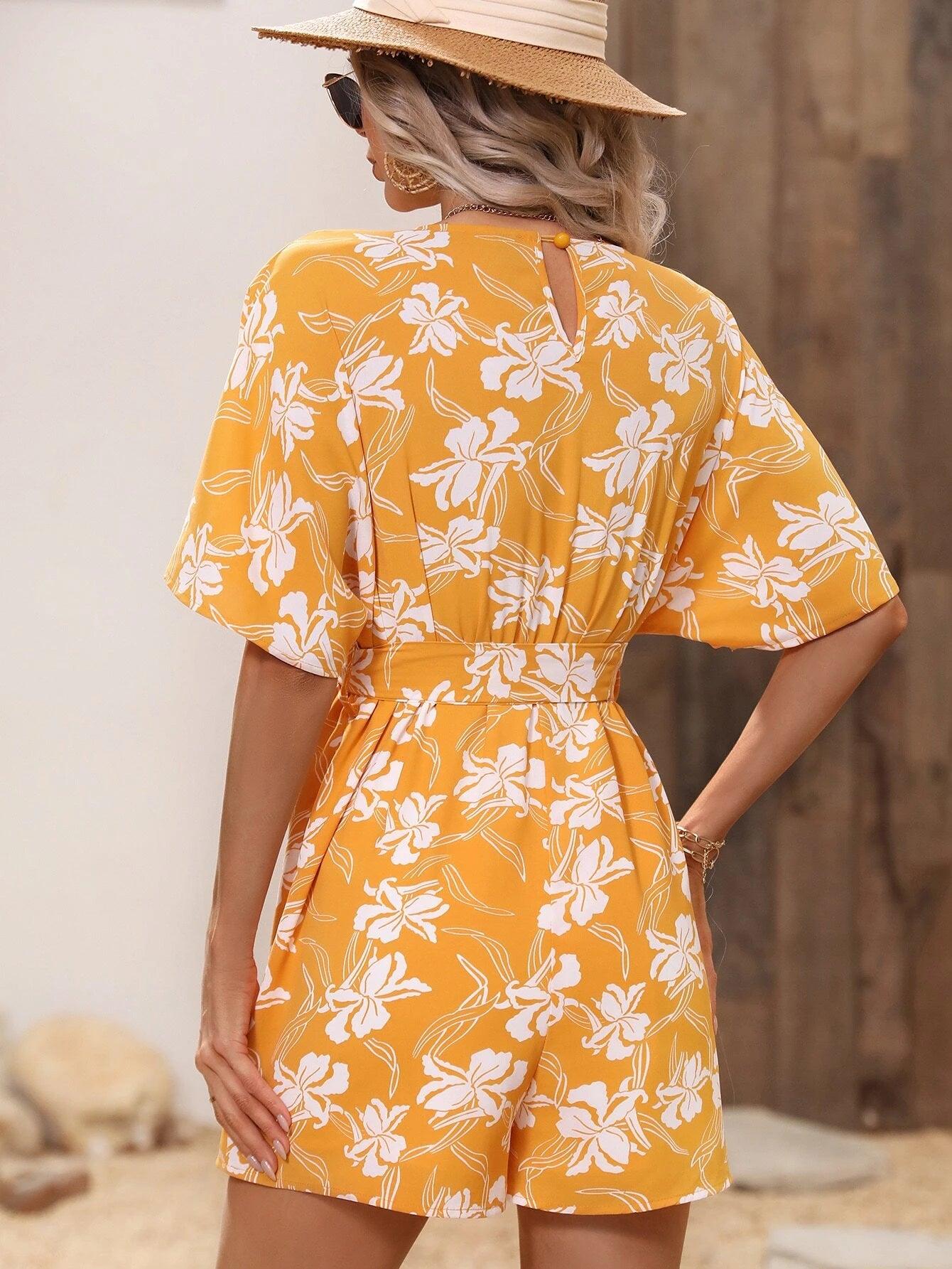 Floral Sleeve Belted Romper-Comfy Jumpsuits