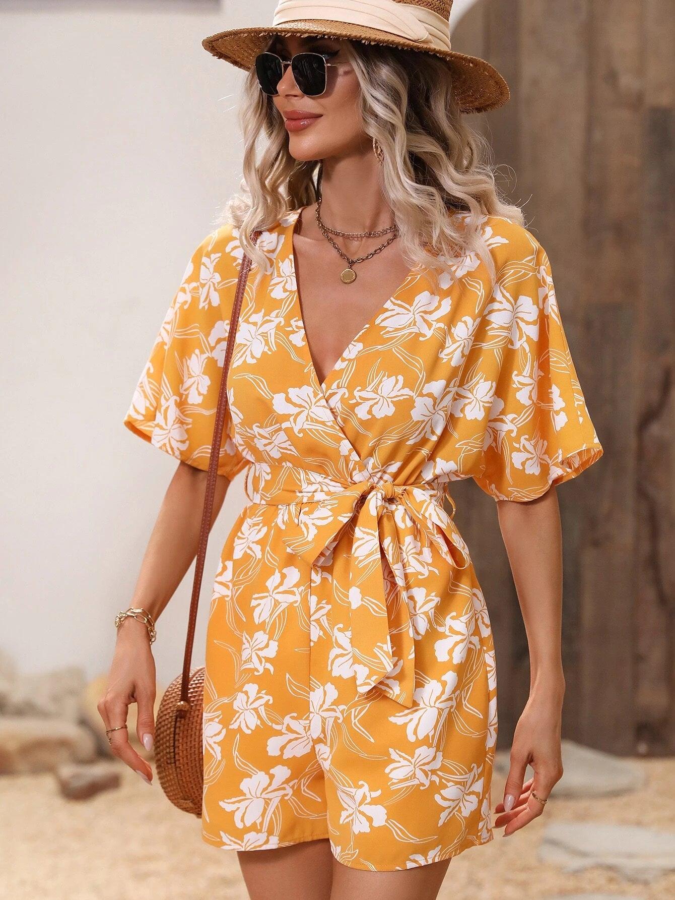 Floral Sleeve Belted Romper-Comfy Jumpsuits