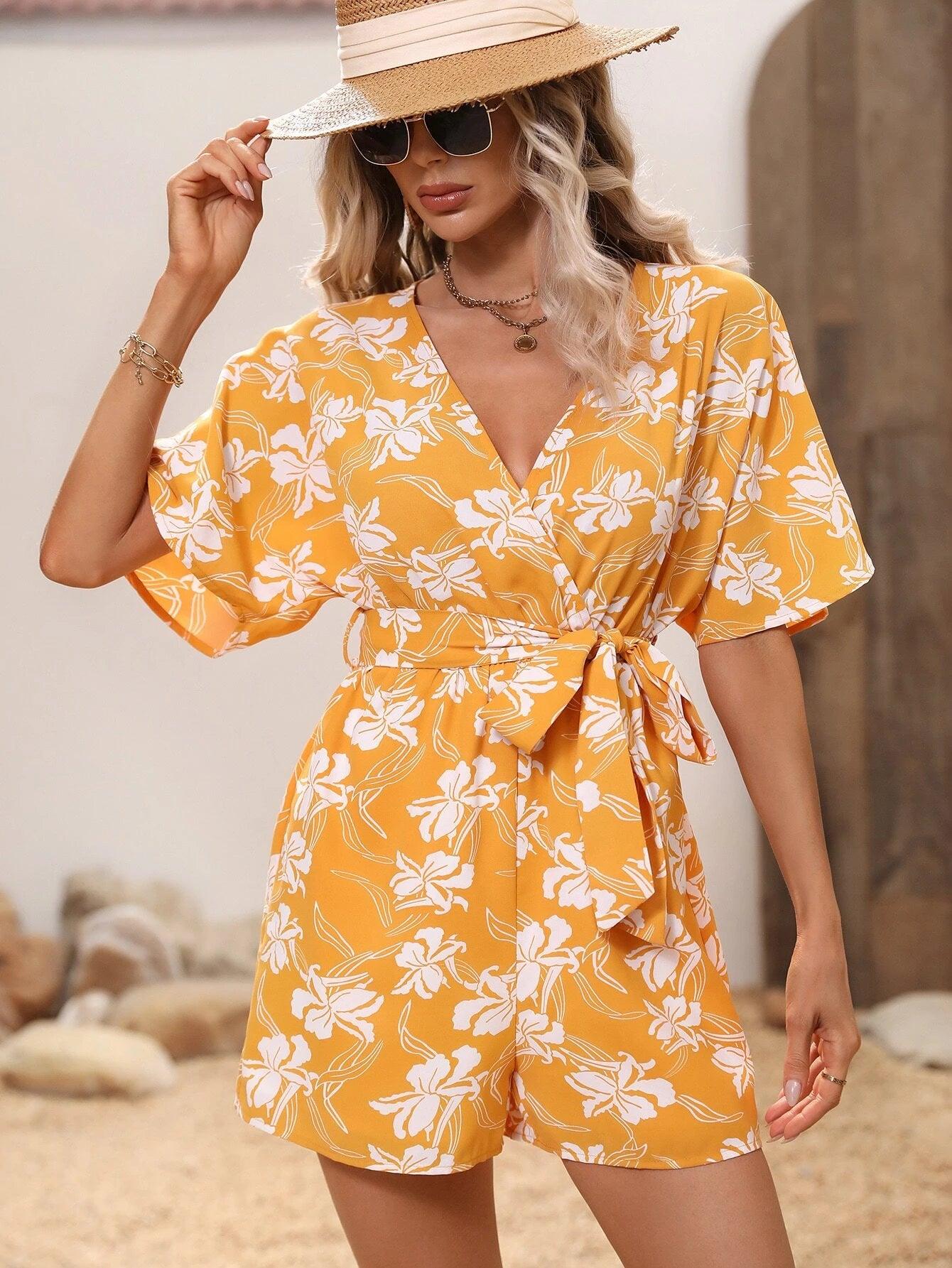 Floral Sleeve Belted Romper-Comfy Jumpsuits