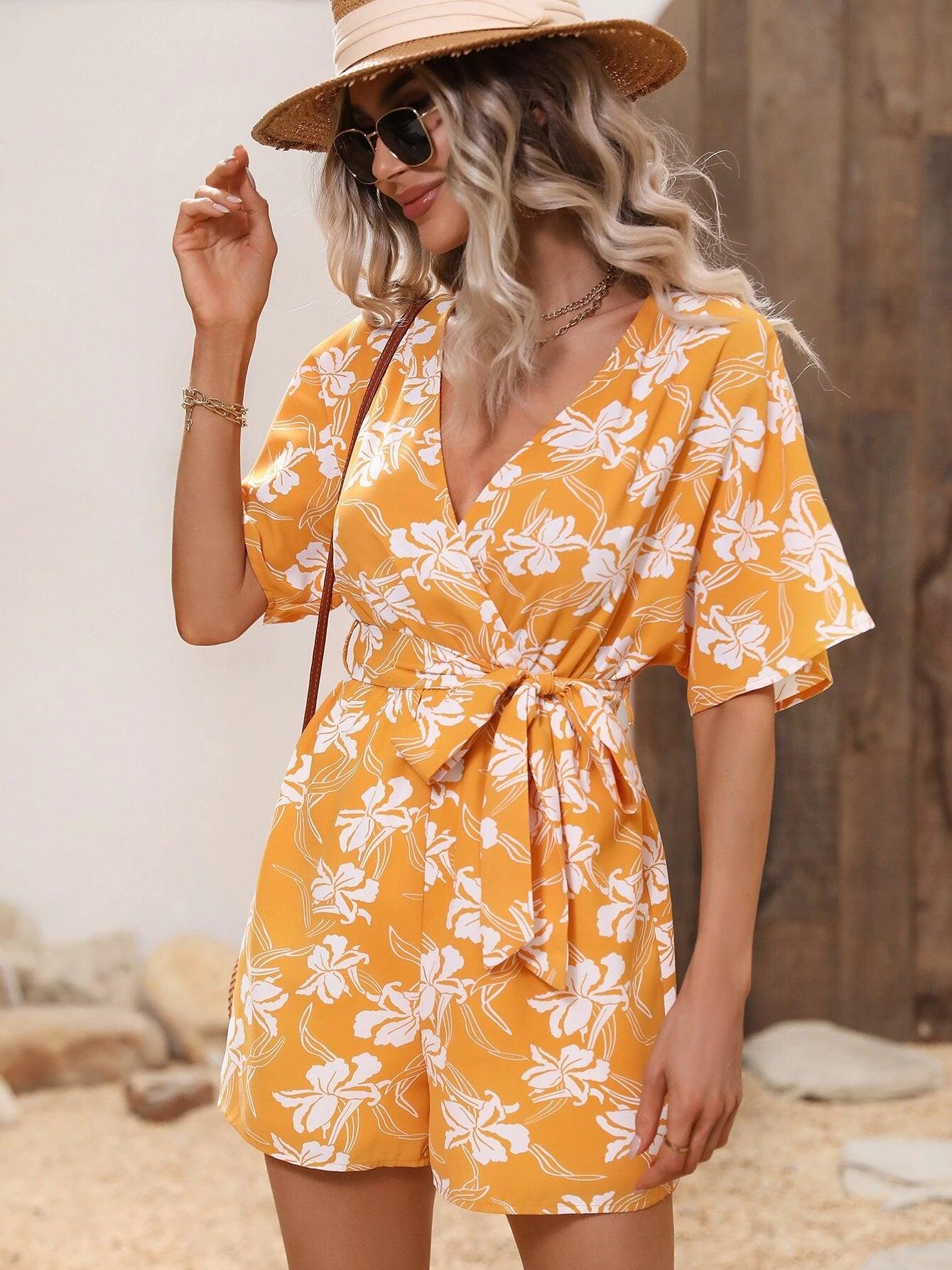 Floral Sleeve Belted Romper-Comfy Jumpsuits