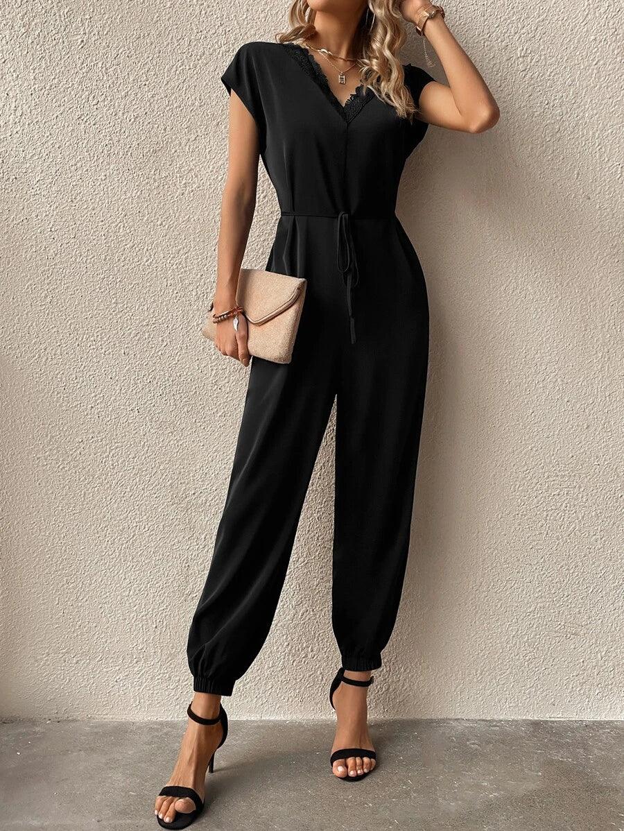 Lace Trim V Neck Jumpsuit-Comfy Jumpsuits