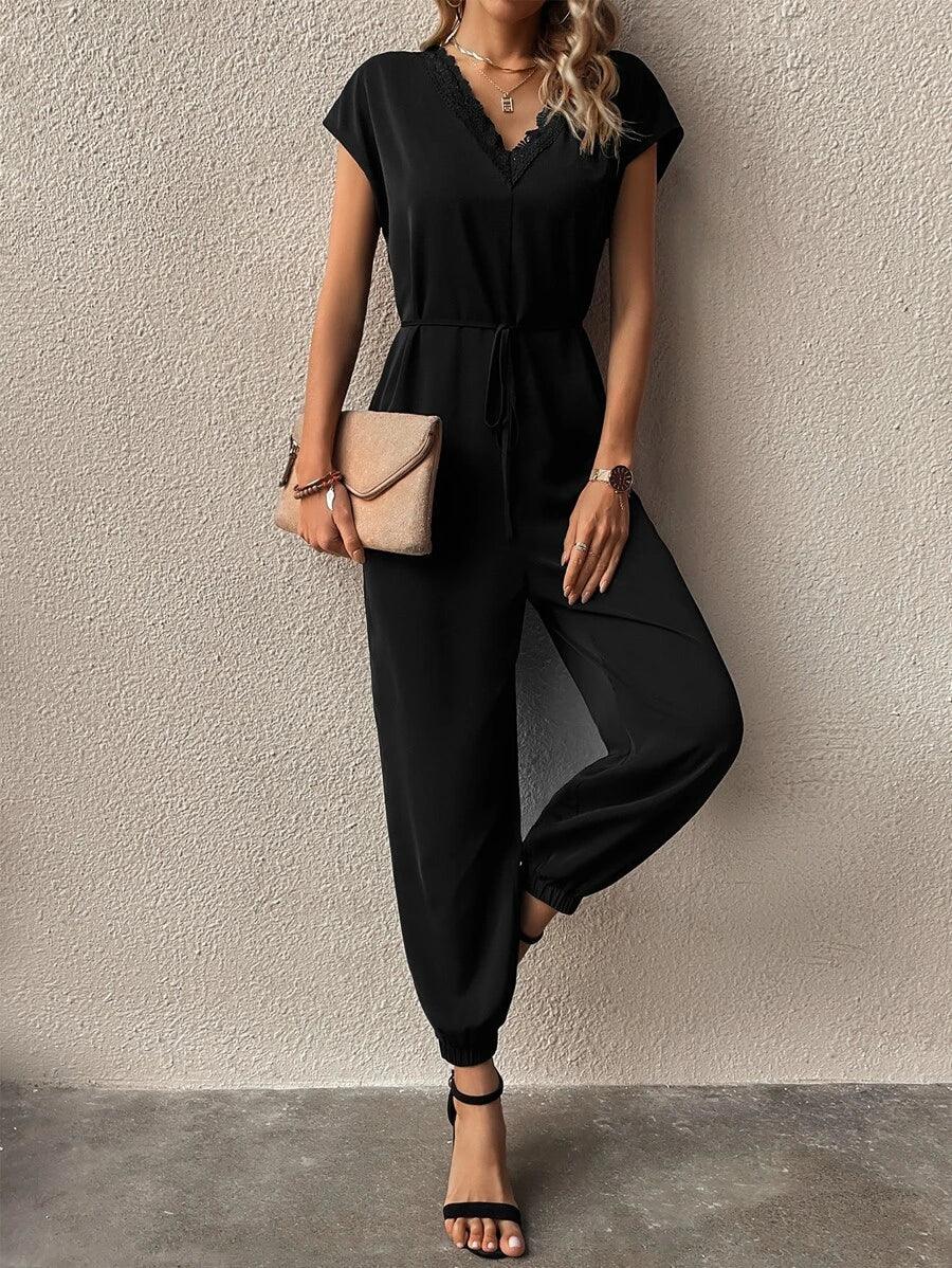 Lace Trim V Neck Jumpsuit-Comfy Jumpsuits
