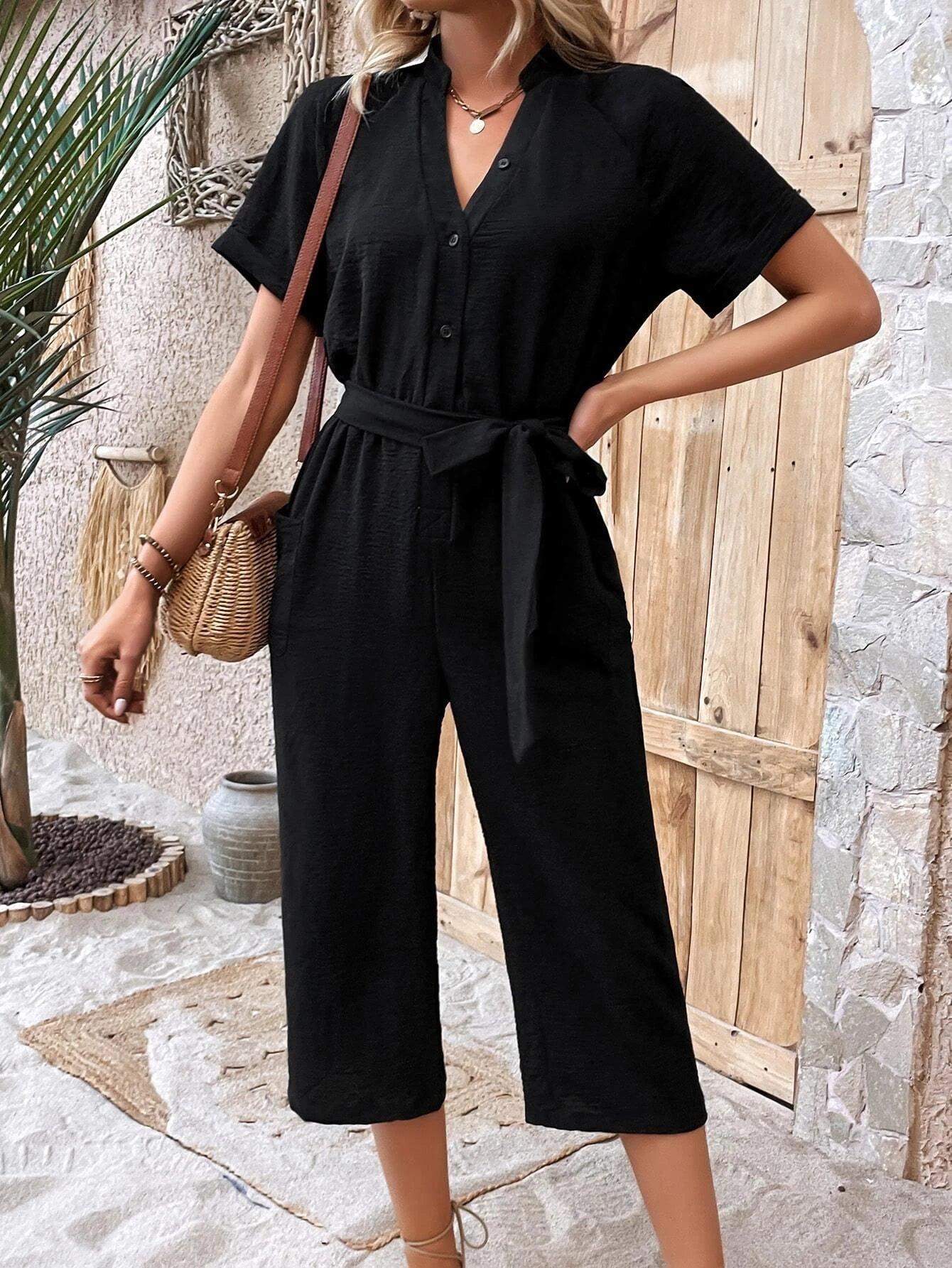 Half Button Belted Capris Jumpsuit-Comfy Jumpsuits