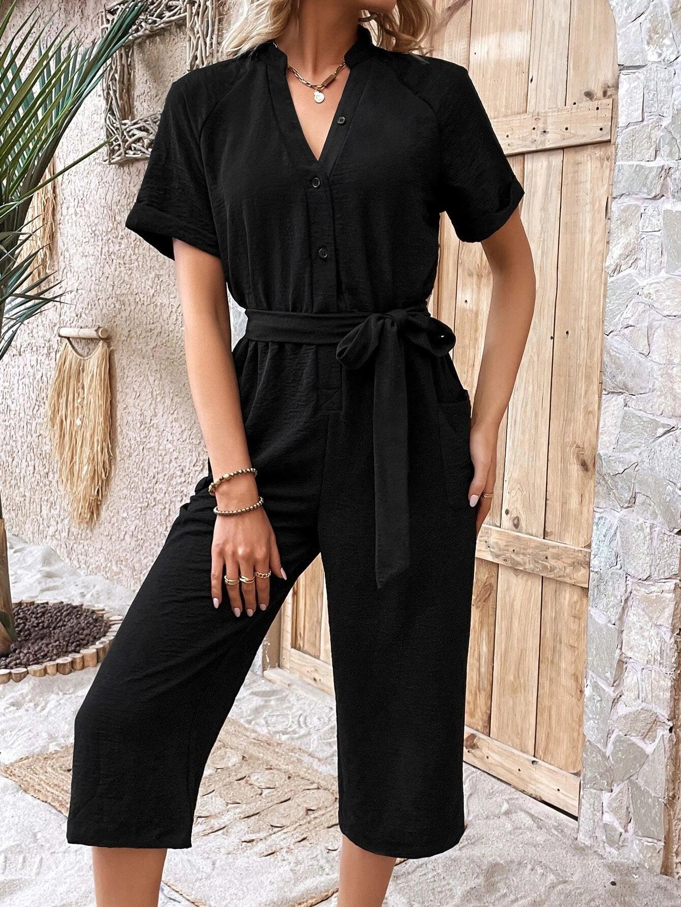 Half Button Belted Capris Jumpsuit-Comfy Jumpsuits