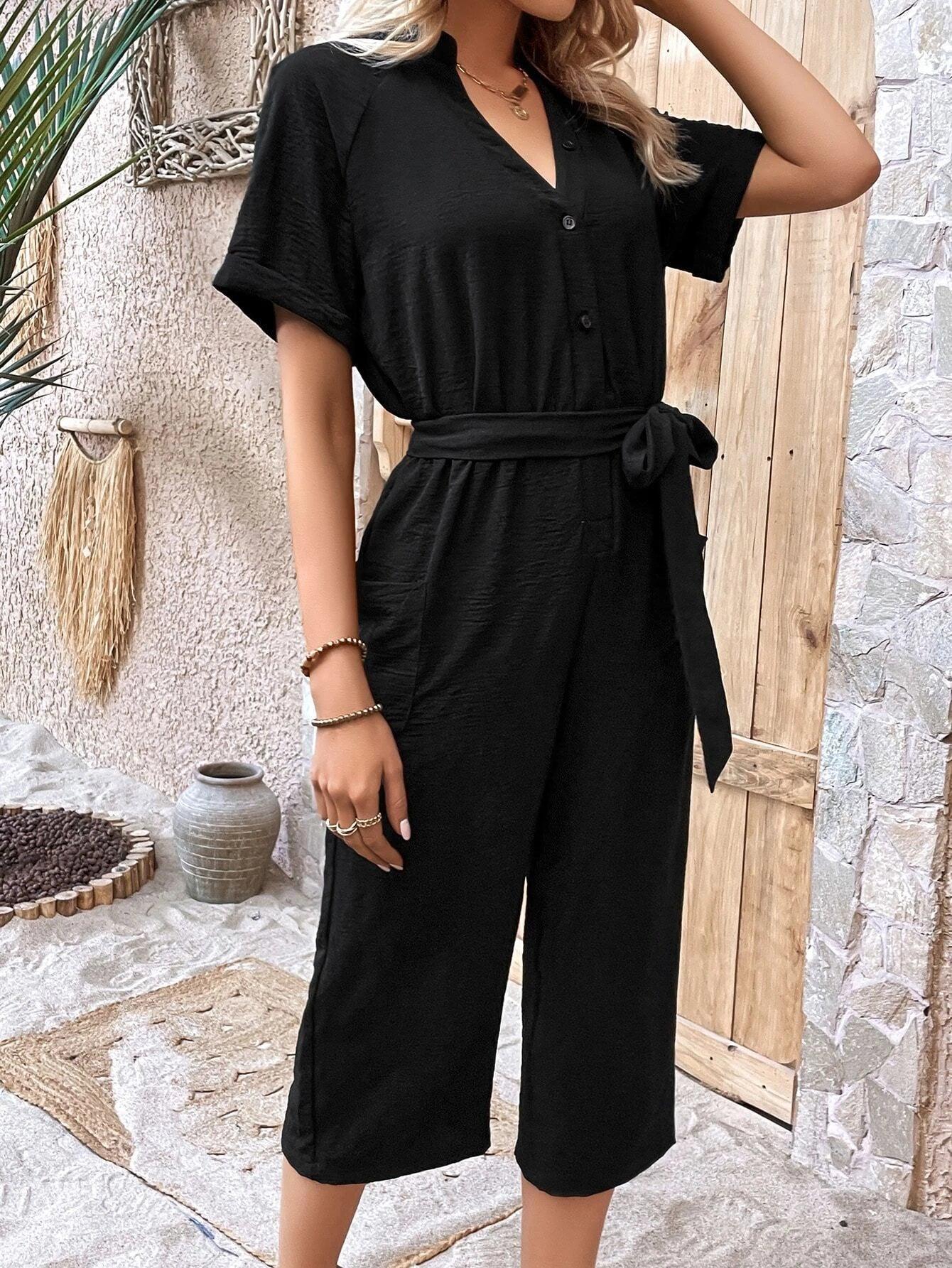 Half Button Belted Capris Jumpsuit-Comfy Jumpsuits