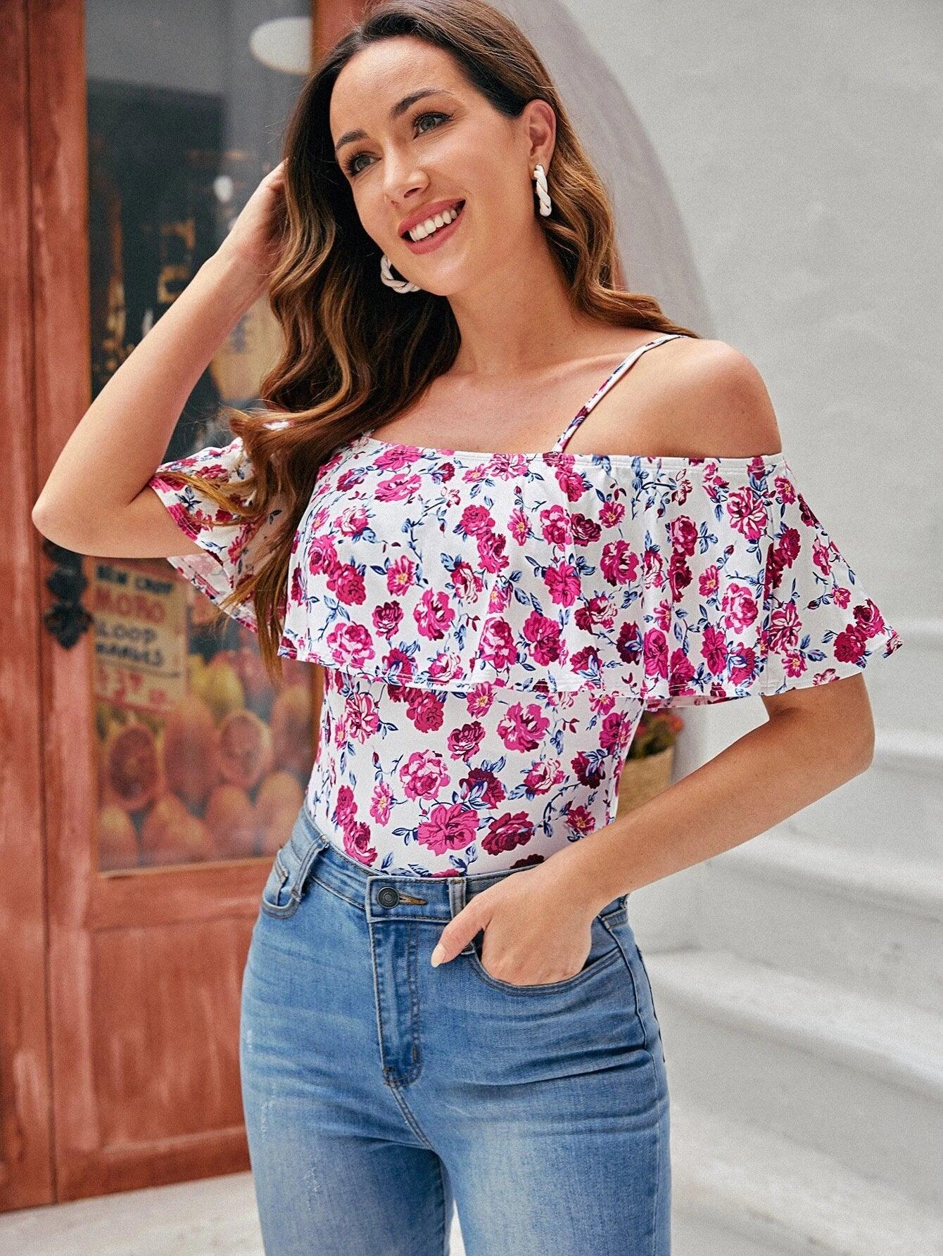 Shoulder Ruffle Trim Bodysuit-Comfy Jumpsuits