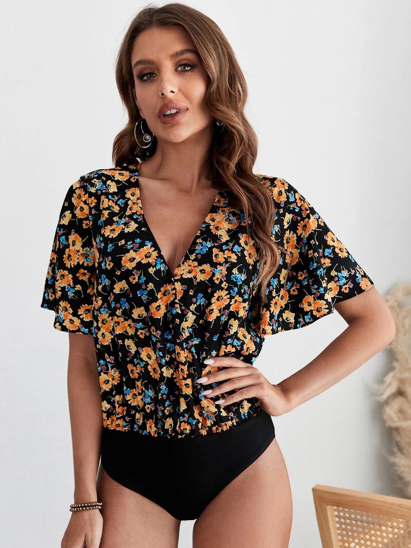 Floral Print V-Neck Bodysuit-Comfy Jumpsuits