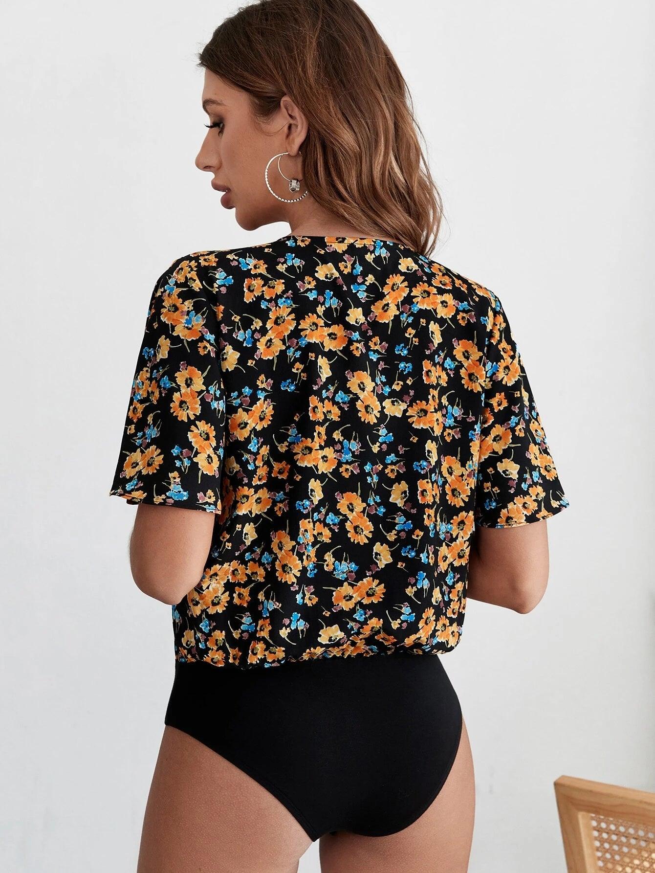 Floral Print V-Neck Bodysuit-Comfy Jumpsuits