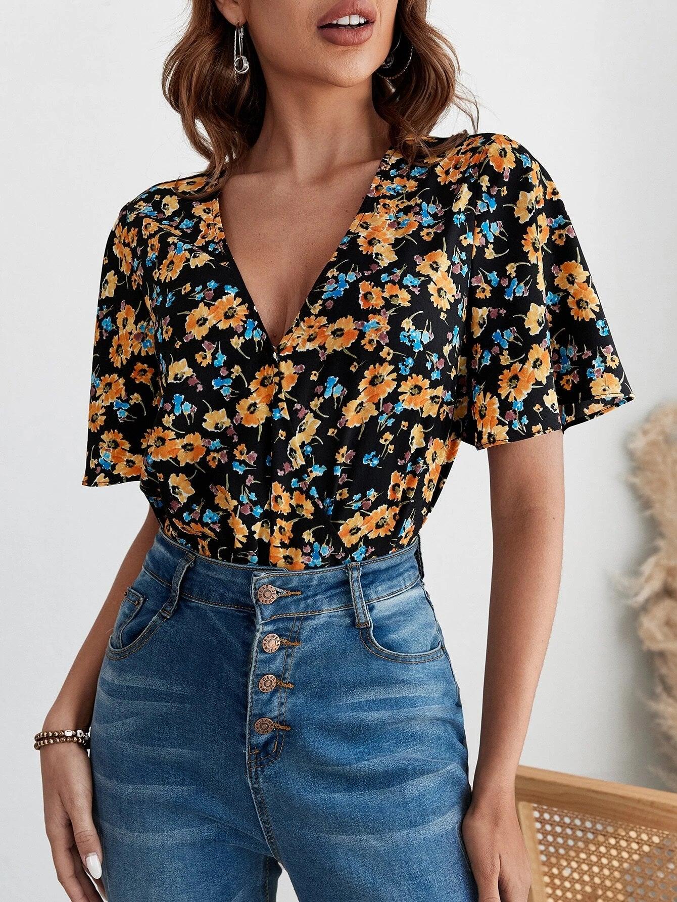 Floral Print V-Neck Bodysuit-Comfy Jumpsuits