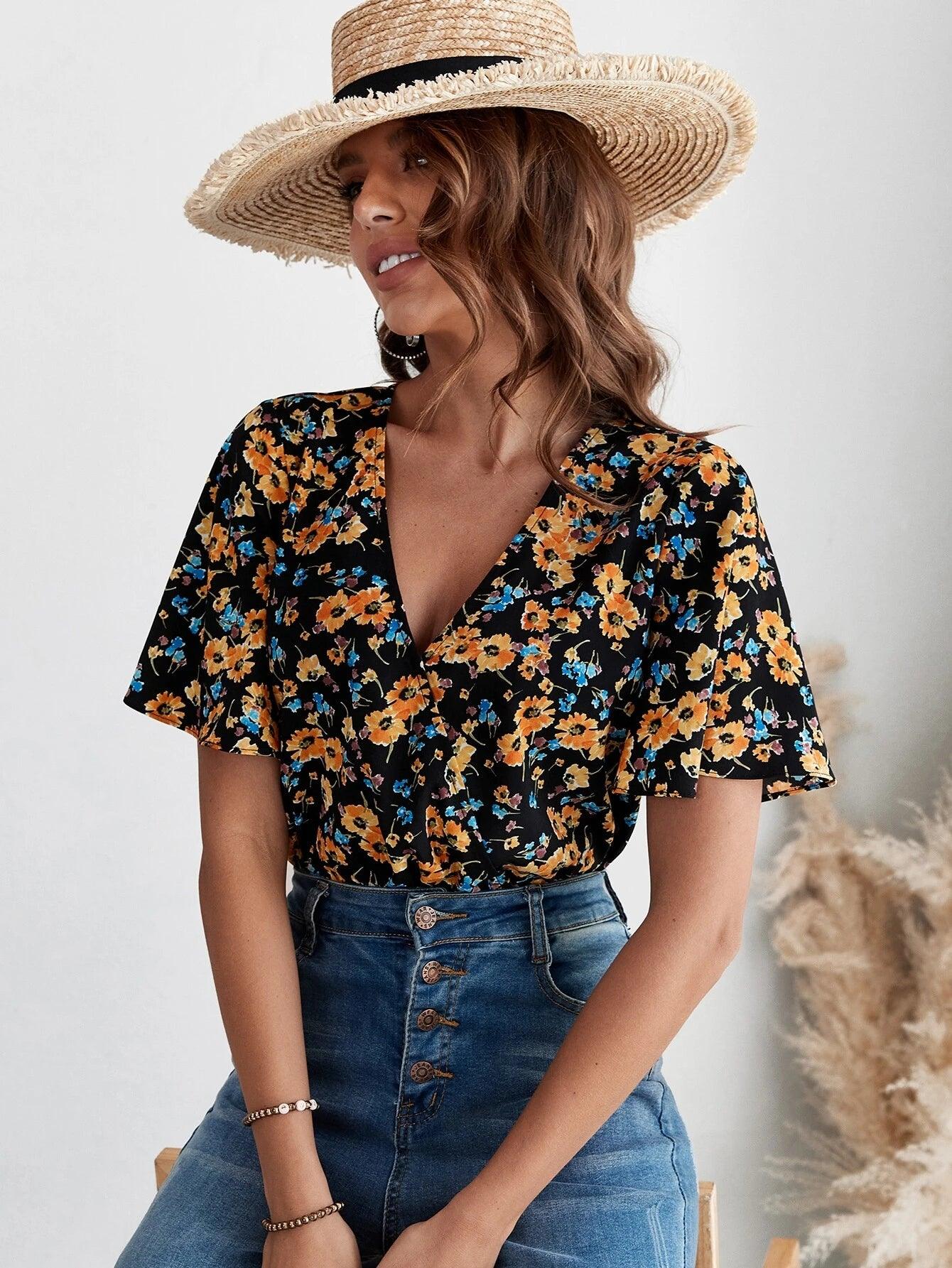 Floral Print V-Neck Bodysuit-Comfy Jumpsuits