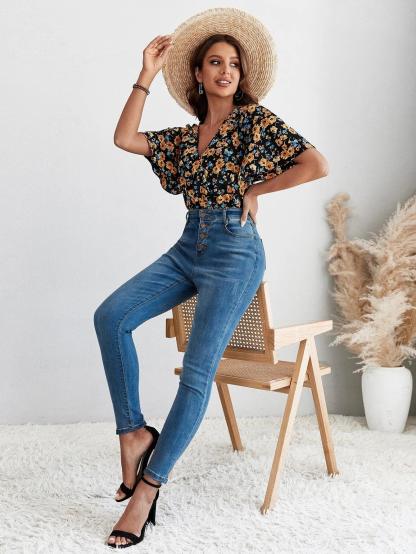 Floral Print V-Neck Bodysuit-Comfy Jumpsuits