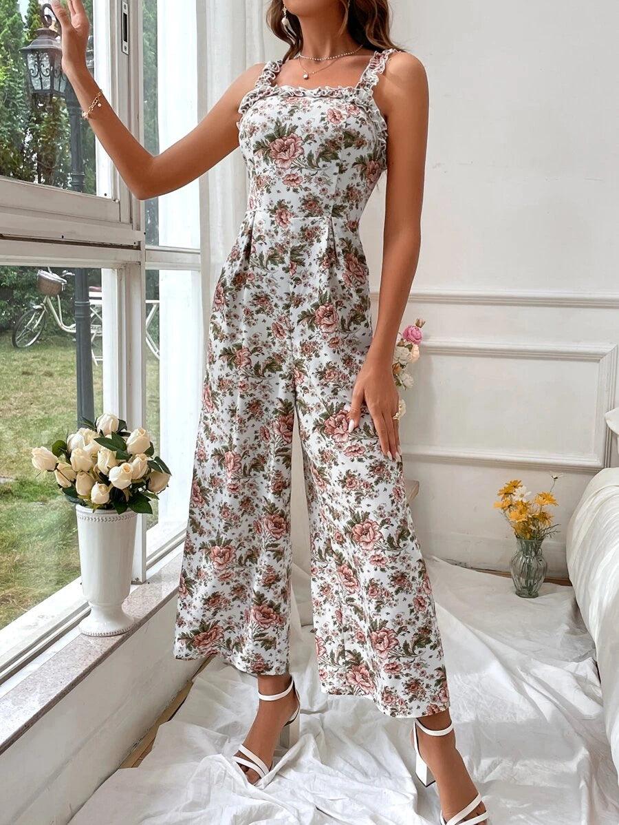 Floral Print Ruffle Trim Wide Leg Cami Jumpsuit-Comfy Jumpsuits
