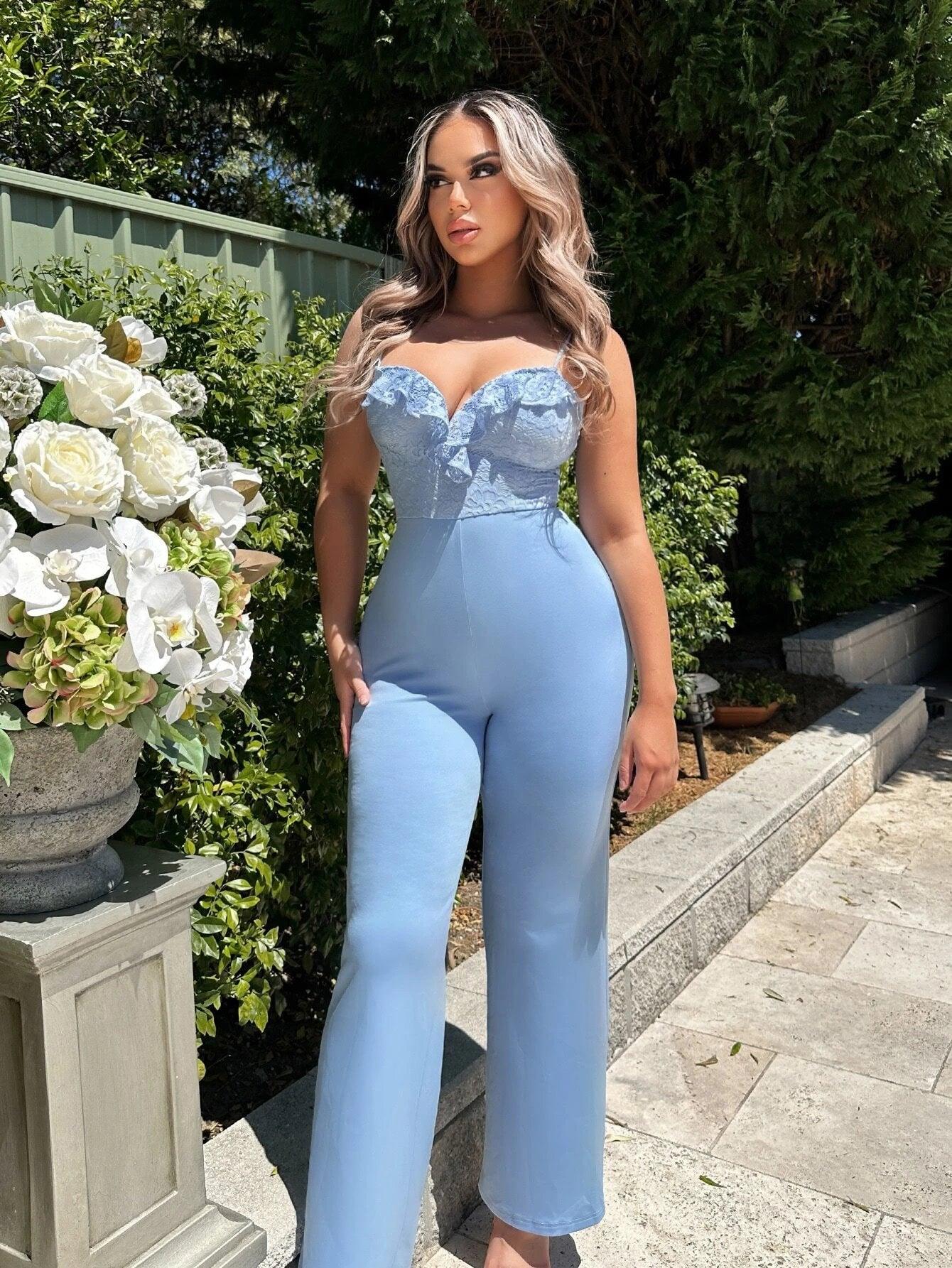 Contrast Lace Ruffle Trim Jumpsuit-Comfy Jumpsuits