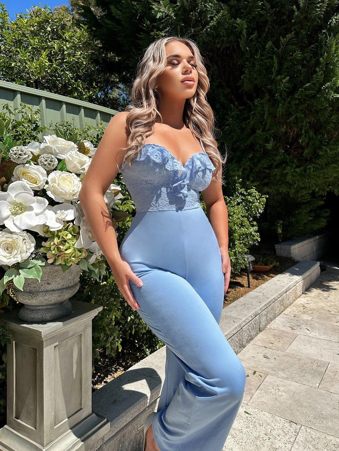 Contrast Lace Ruffle Trim Jumpsuit-Comfy Jumpsuits