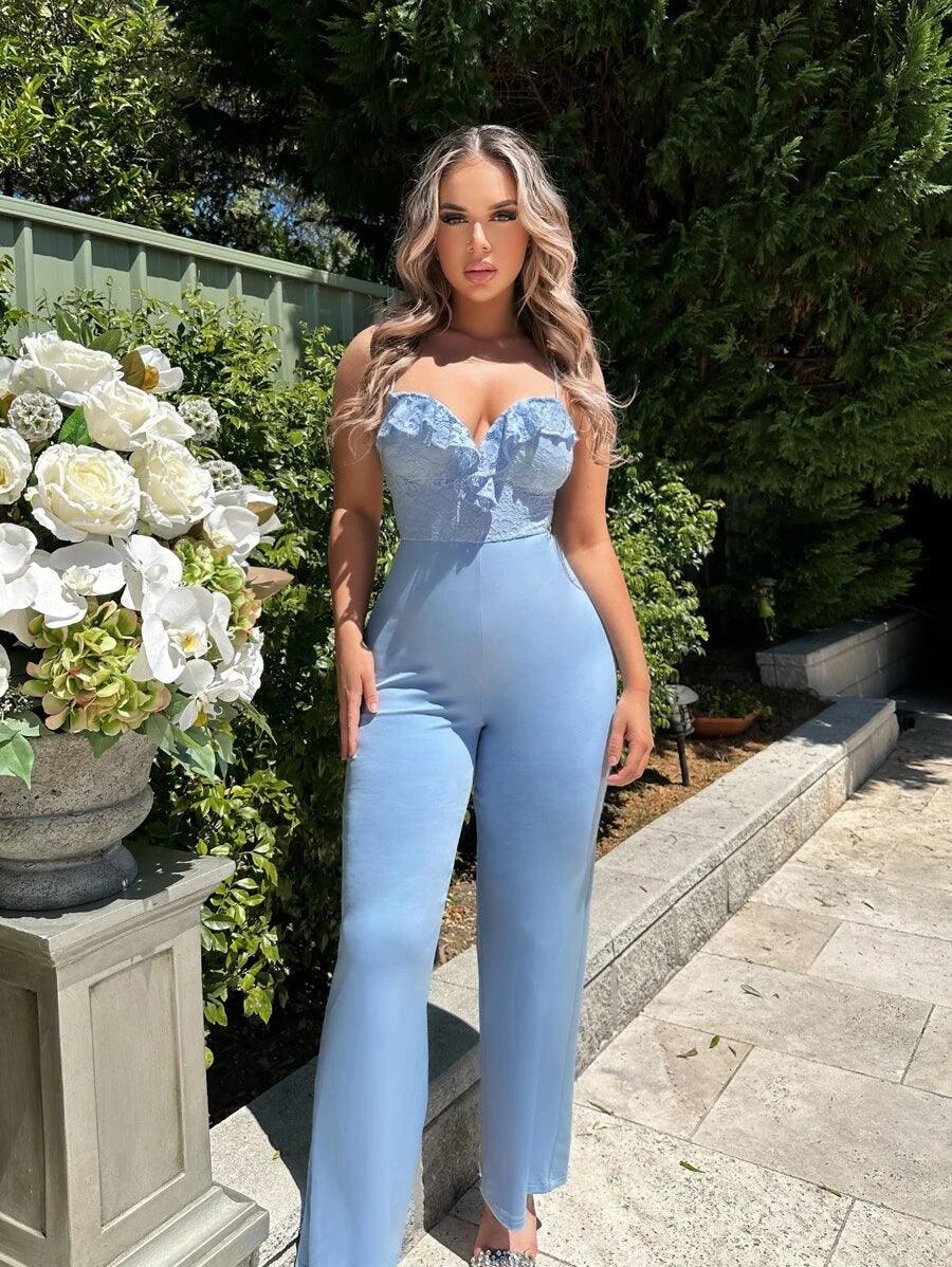 Contrast Lace Ruffle Trim Cami Jumpsuit-Comfy Jumpsuits