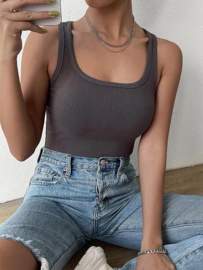 Solid Ribbed Knit Tank Bodysuit-Comfy Jumpsuits