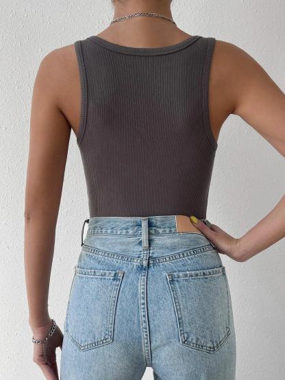 Solid Ribbed Knit Tank Bodysuit-Comfy Jumpsuits