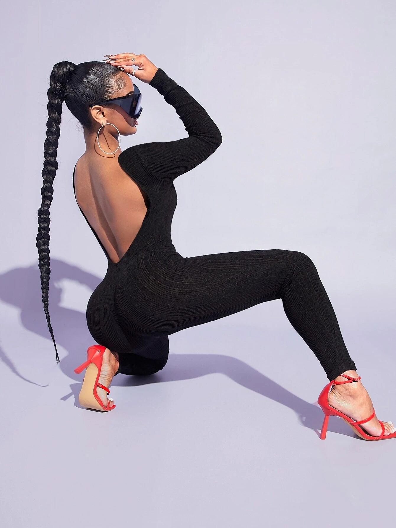 Solid Colored Backless Unitard Jumpsuit-Comfy Jumpsuits