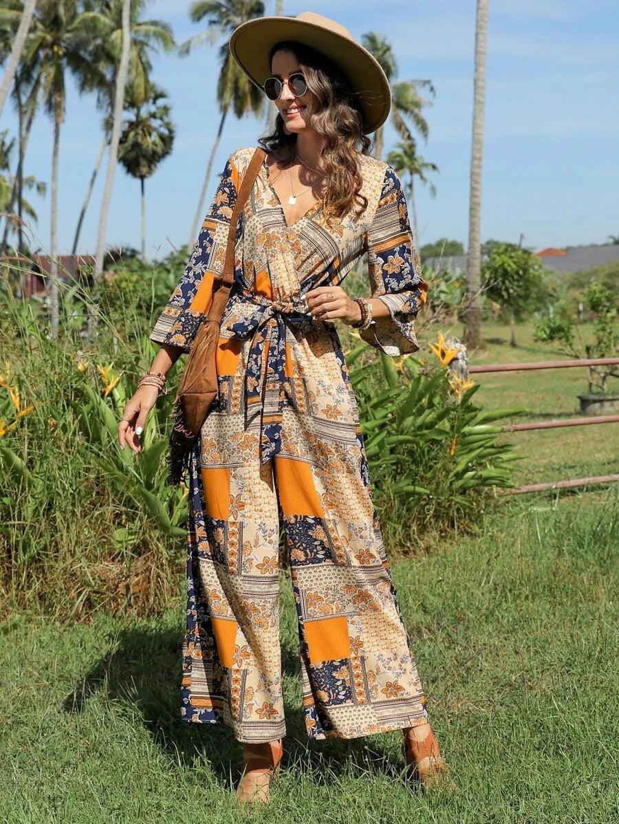 Patchwork Print Belted Wide Leg Jumpsuit-Comfy Jumpsuits