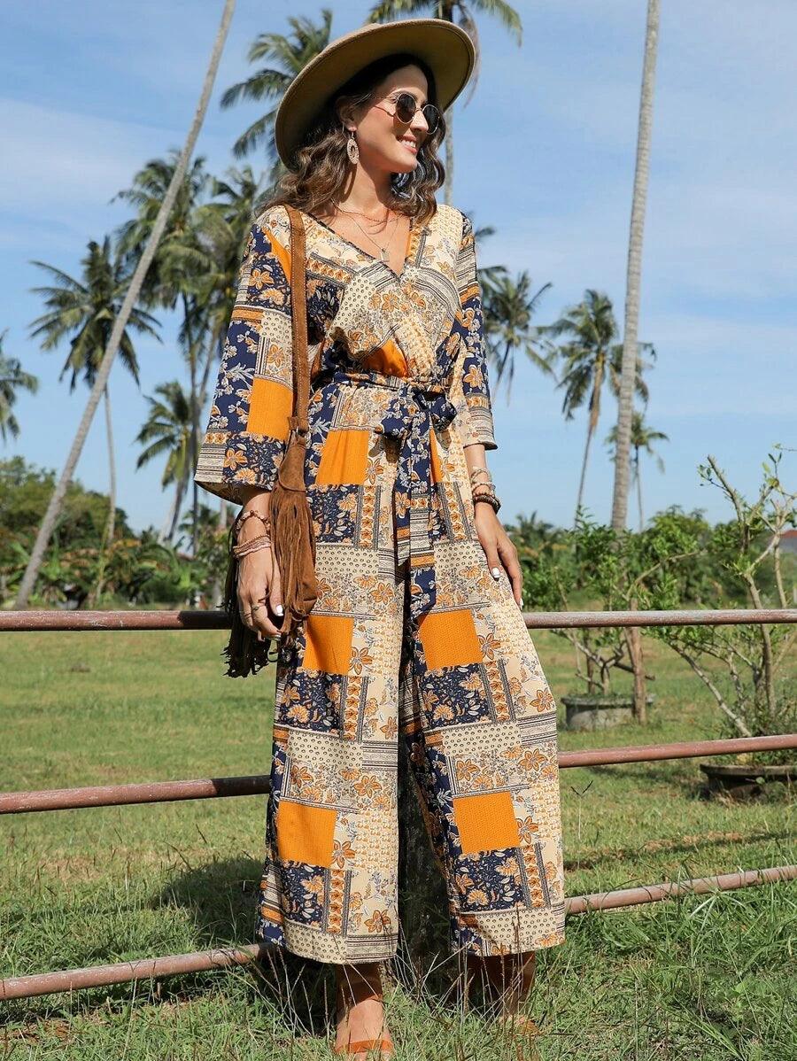 Patchwork Print Belted Wide Leg Jumpsuit-Comfy Jumpsuits