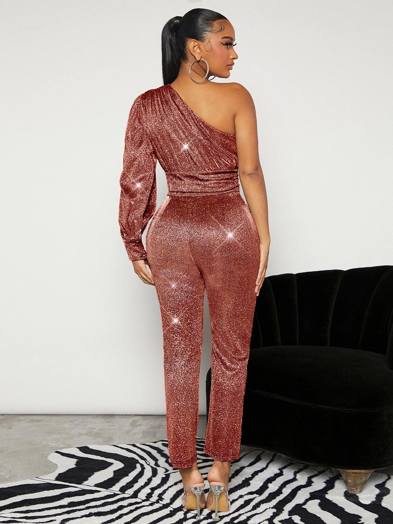 One Shoulder Ruched Glitter Jumpsuit-Comfy Jumpsuits