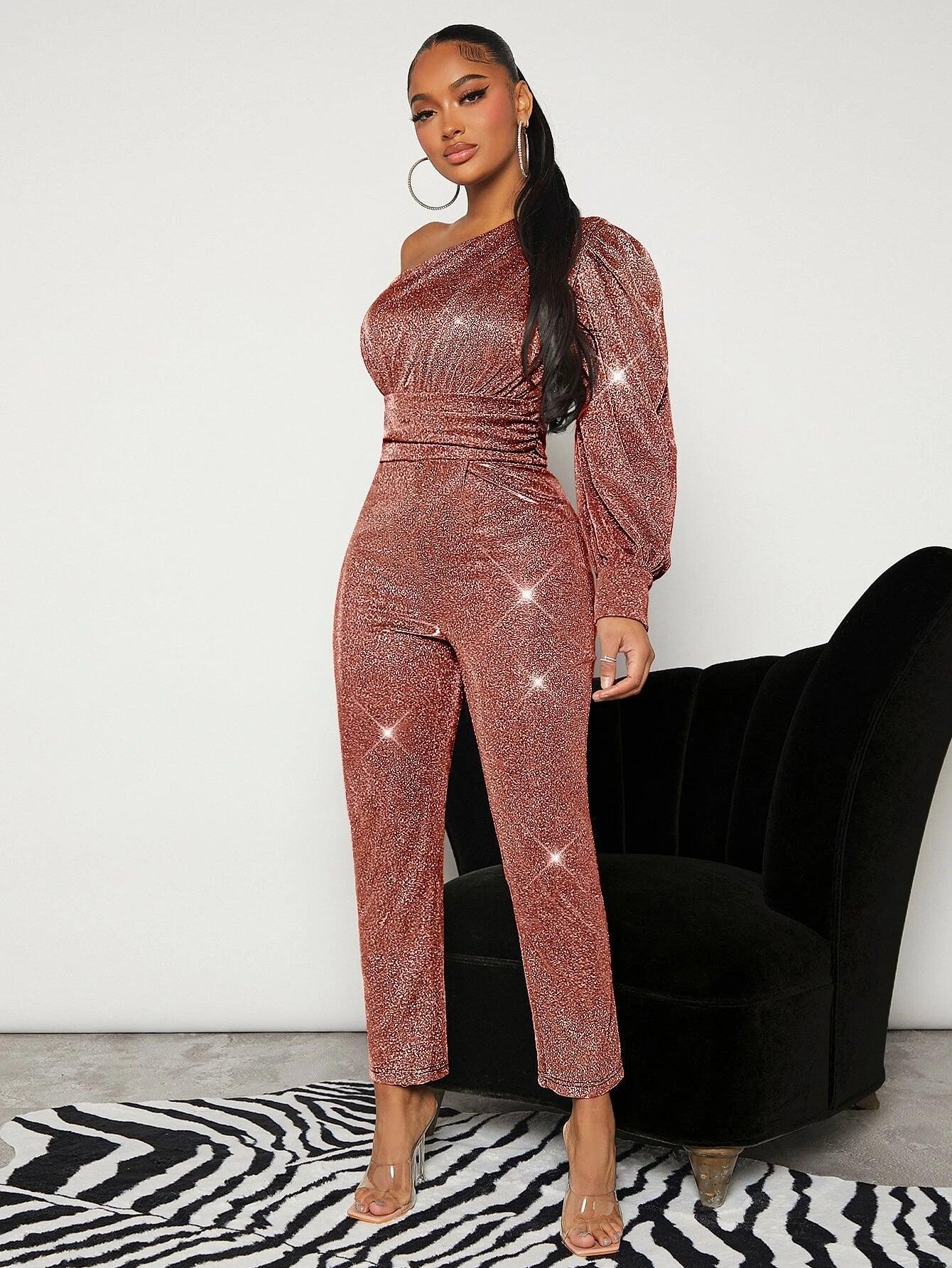 One Shoulder Ruched Glitter Jumpsuit-Comfy Jumpsuits