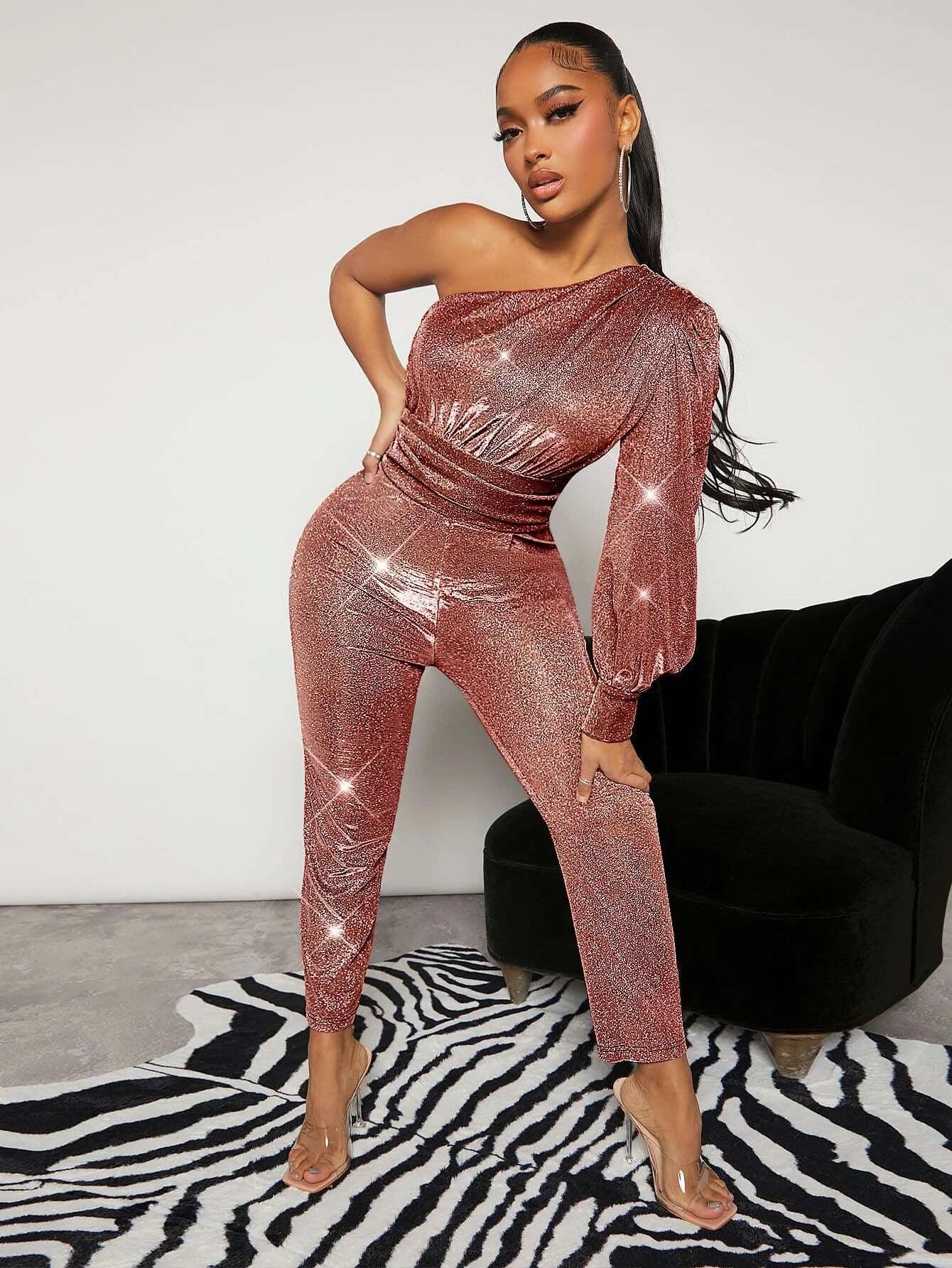 One Shoulder Ruched Glitter Jumpsuit-Comfy Jumpsuits