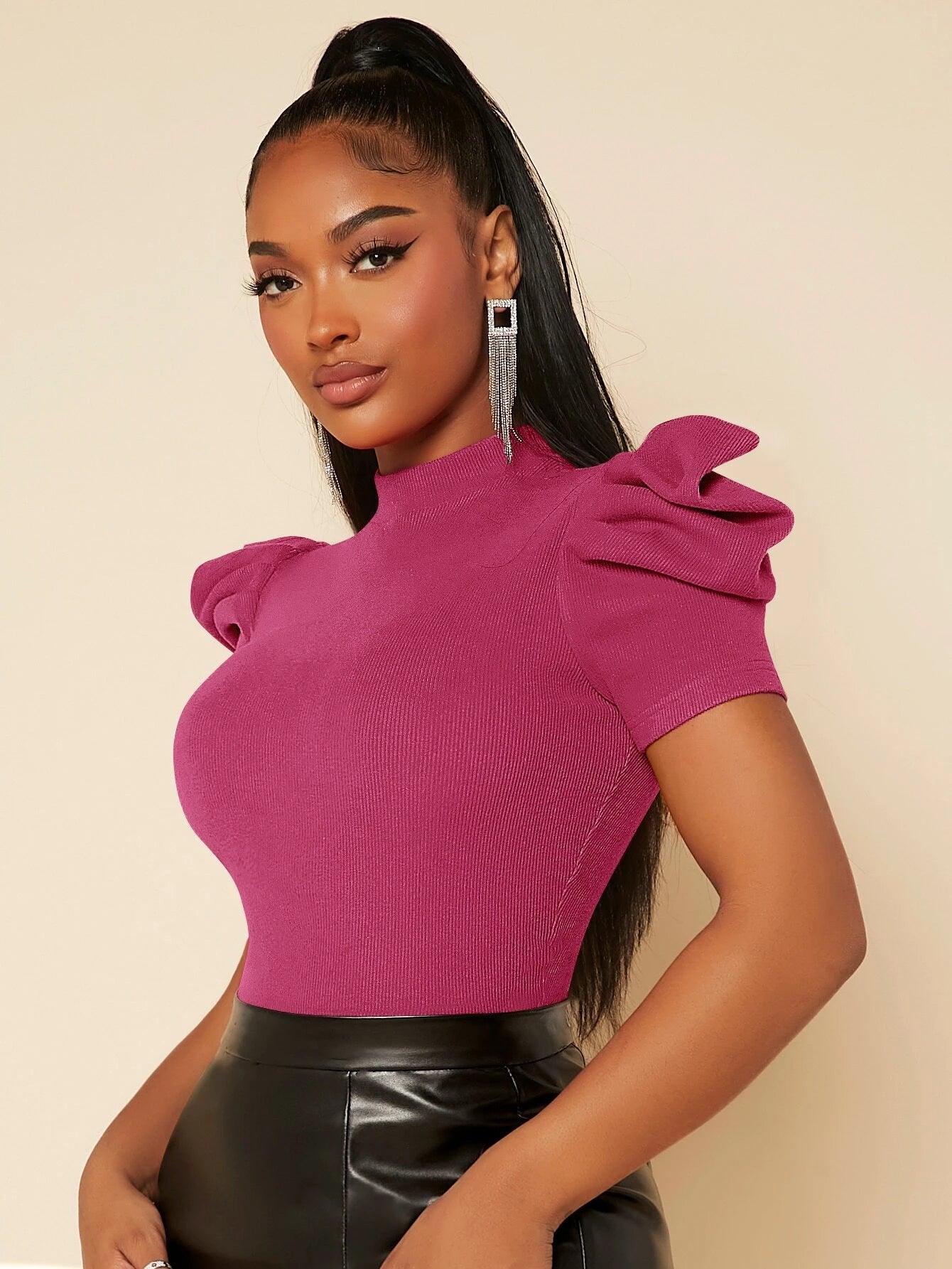 Mock Neck Puff Sleeve Bodysuit-Comfy Jumpsuits