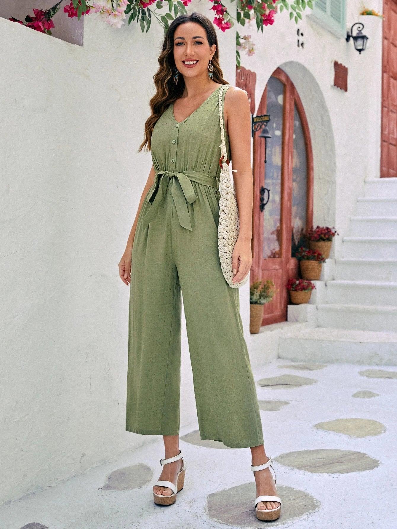 Solid Belted Wide Leg Jumpsuit-Comfy Jumpsuits