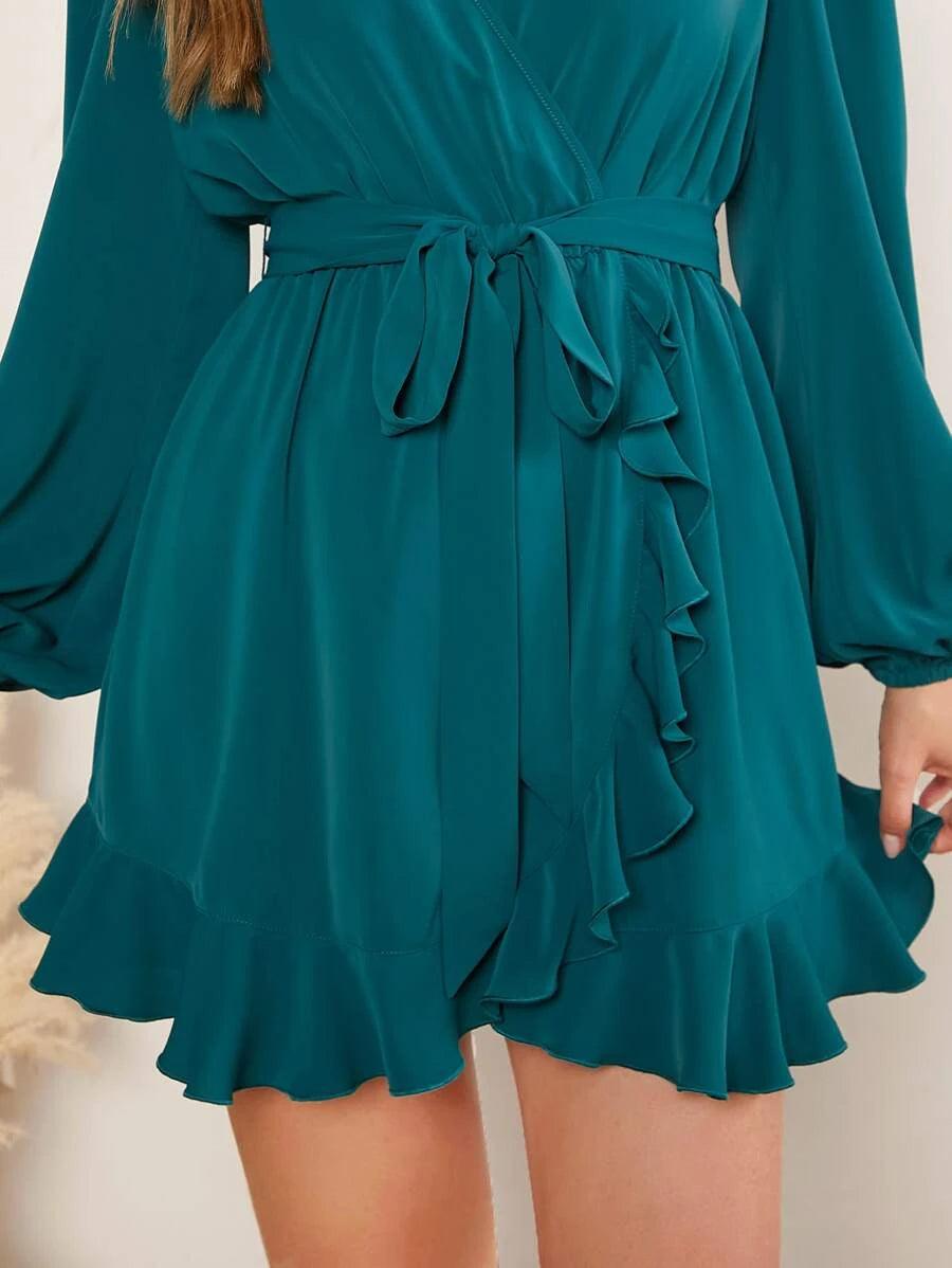 Lantern Sleeve Ruffle Trim Wrap Belted Romper-Comfy Jumpsuits