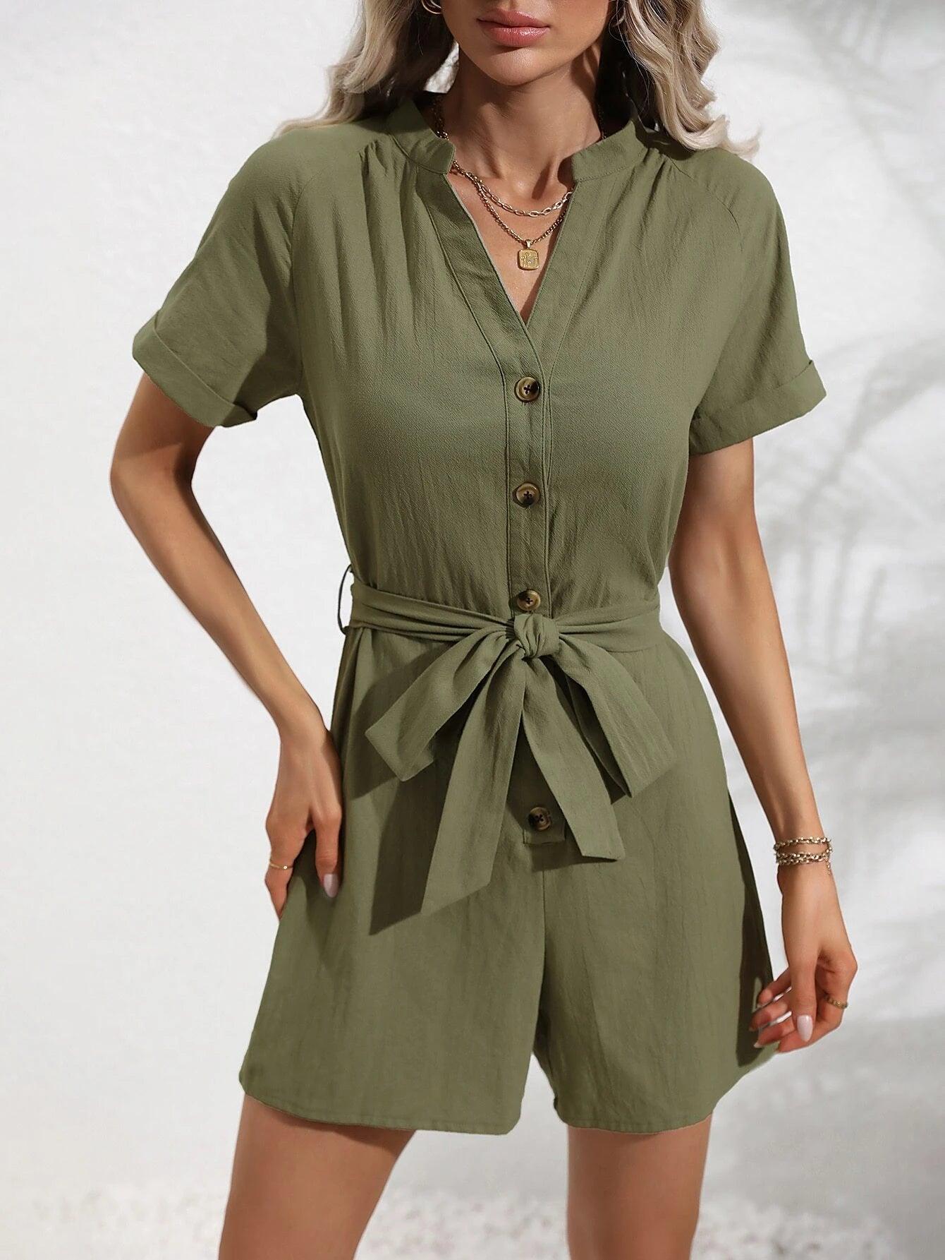 Button Front Belted Romper-Comfy Jumpsuits