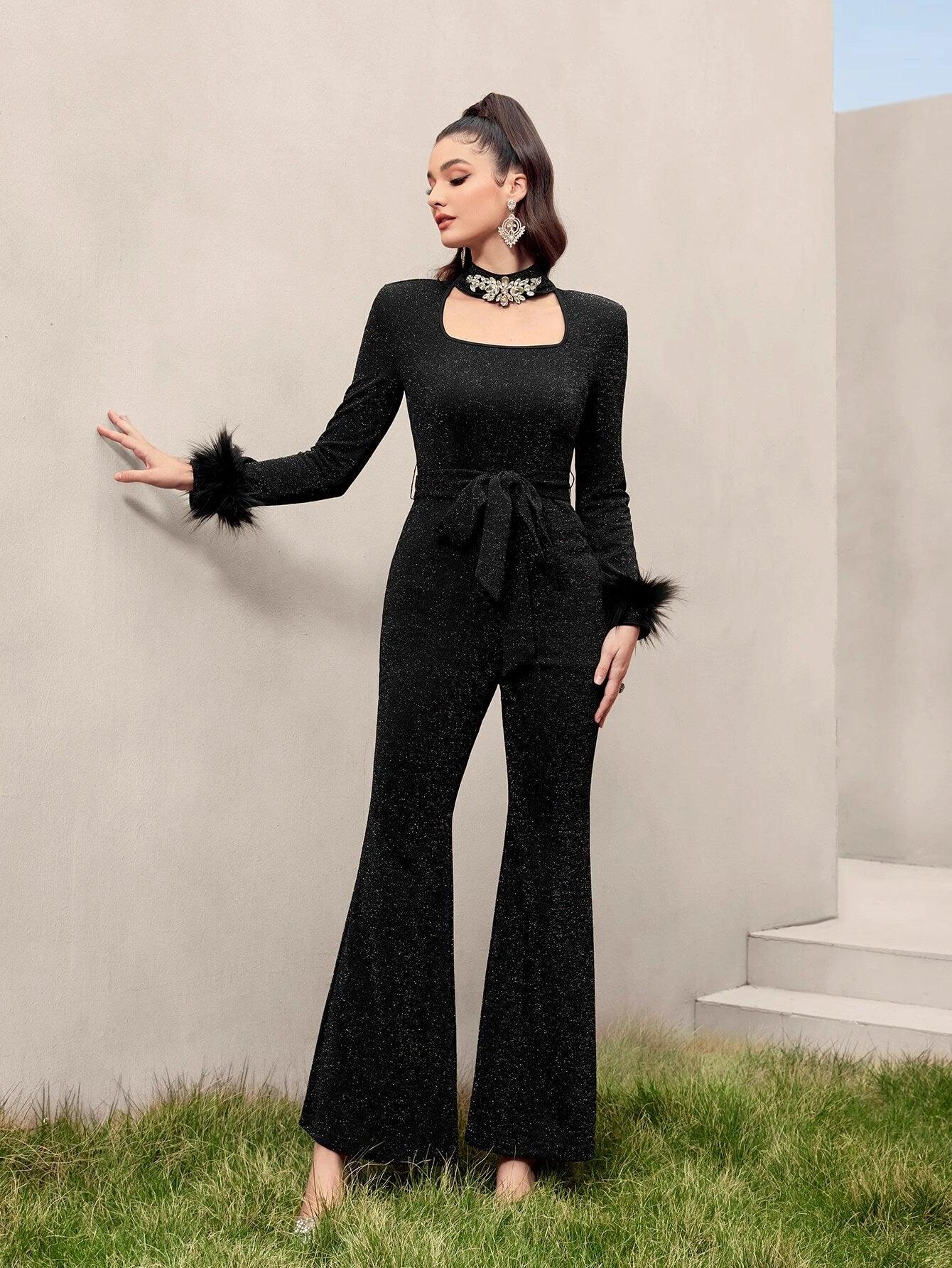 Fuzzy Cuff Belted Glitter Flare Leg Jumpsuit-Comfy Jumpsuits