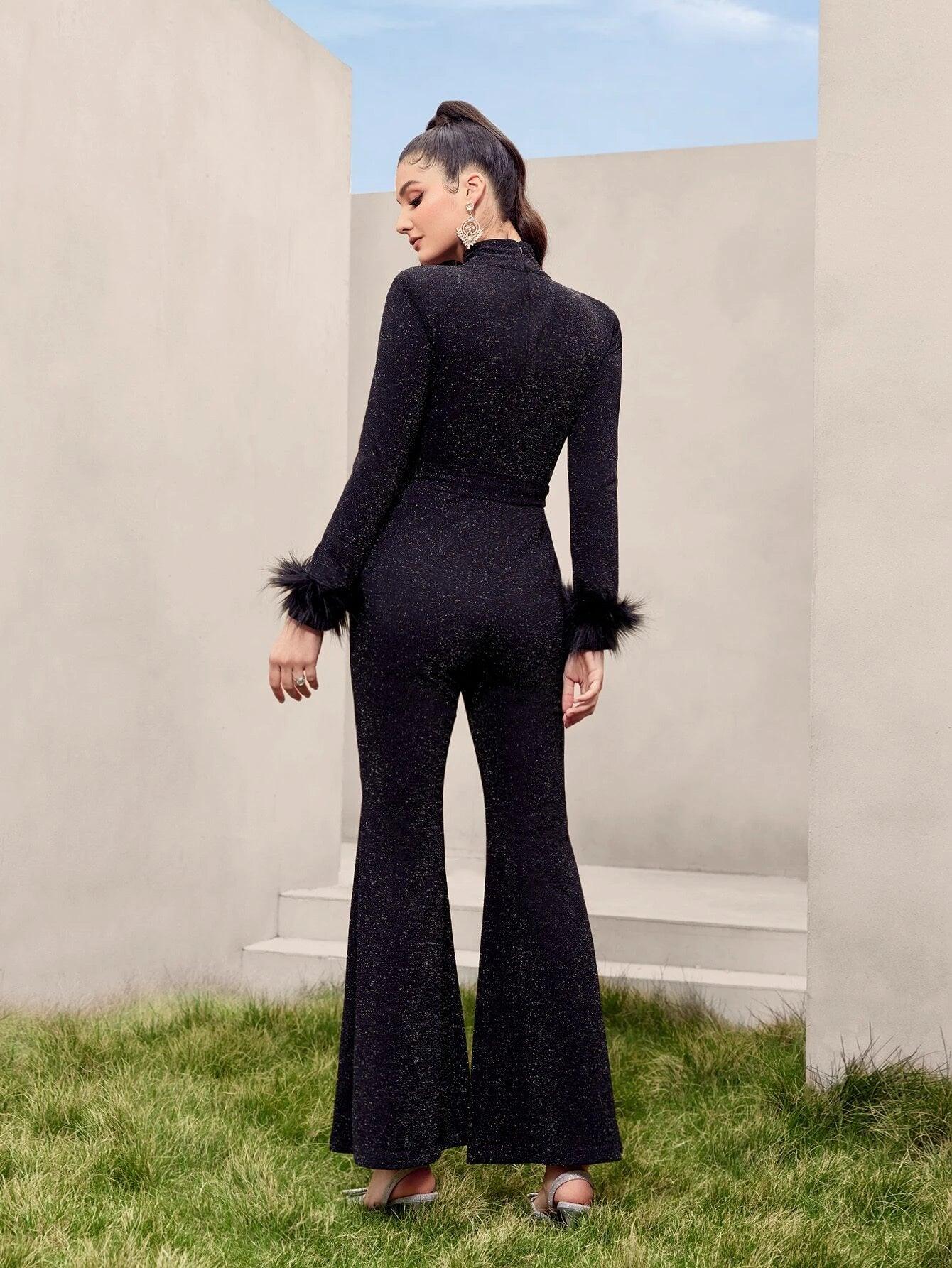 Fuzzy Cuff Belted Glitter Flare Leg Jumpsuit-Comfy Jumpsuits