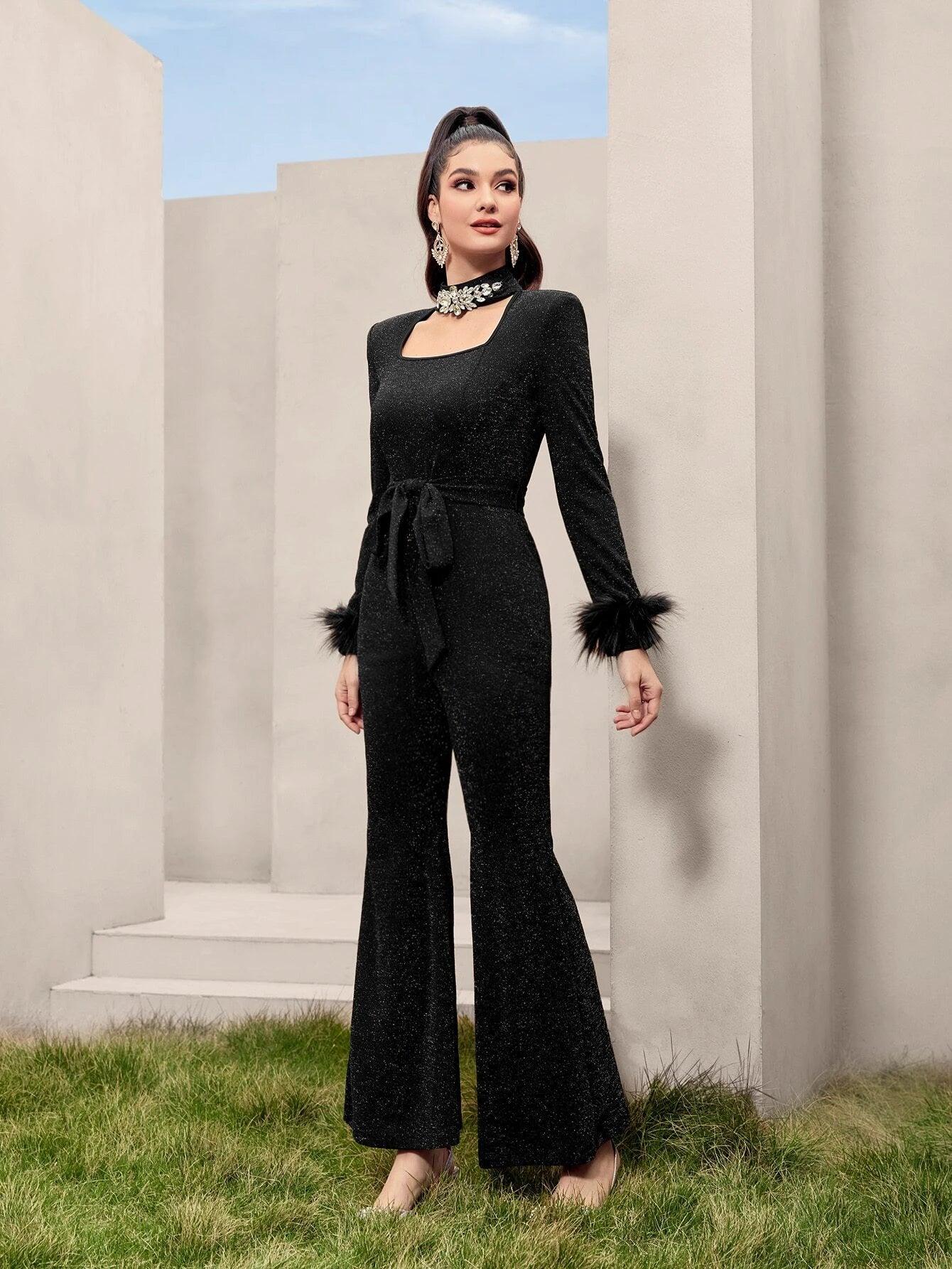 Fuzzy Cuff Belted Glitter Flare Leg Jumpsuit-Comfy Jumpsuits