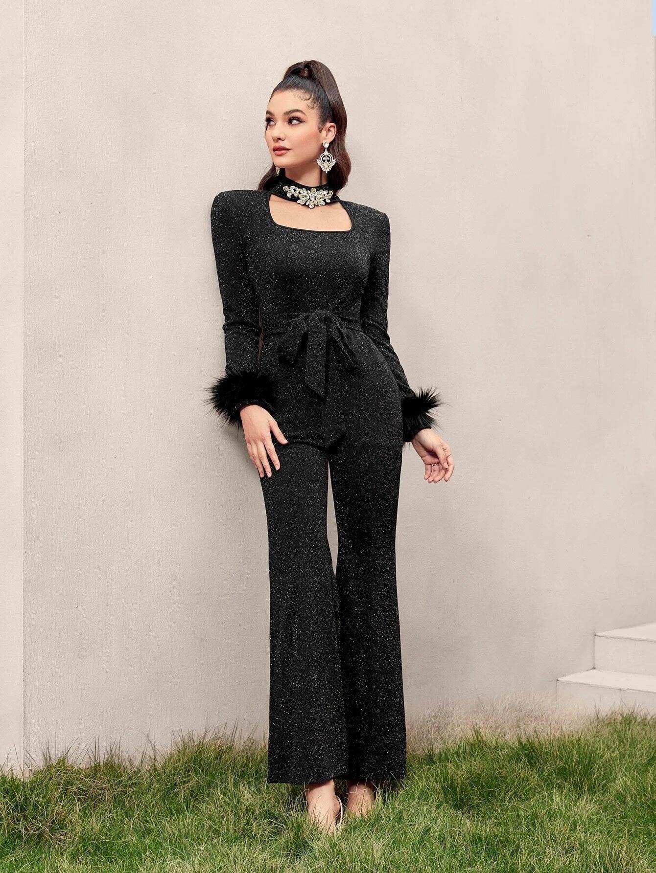 Fuzzy Cuff Belted Glitter Flare Leg Jumpsuit-Comfy Jumpsuits