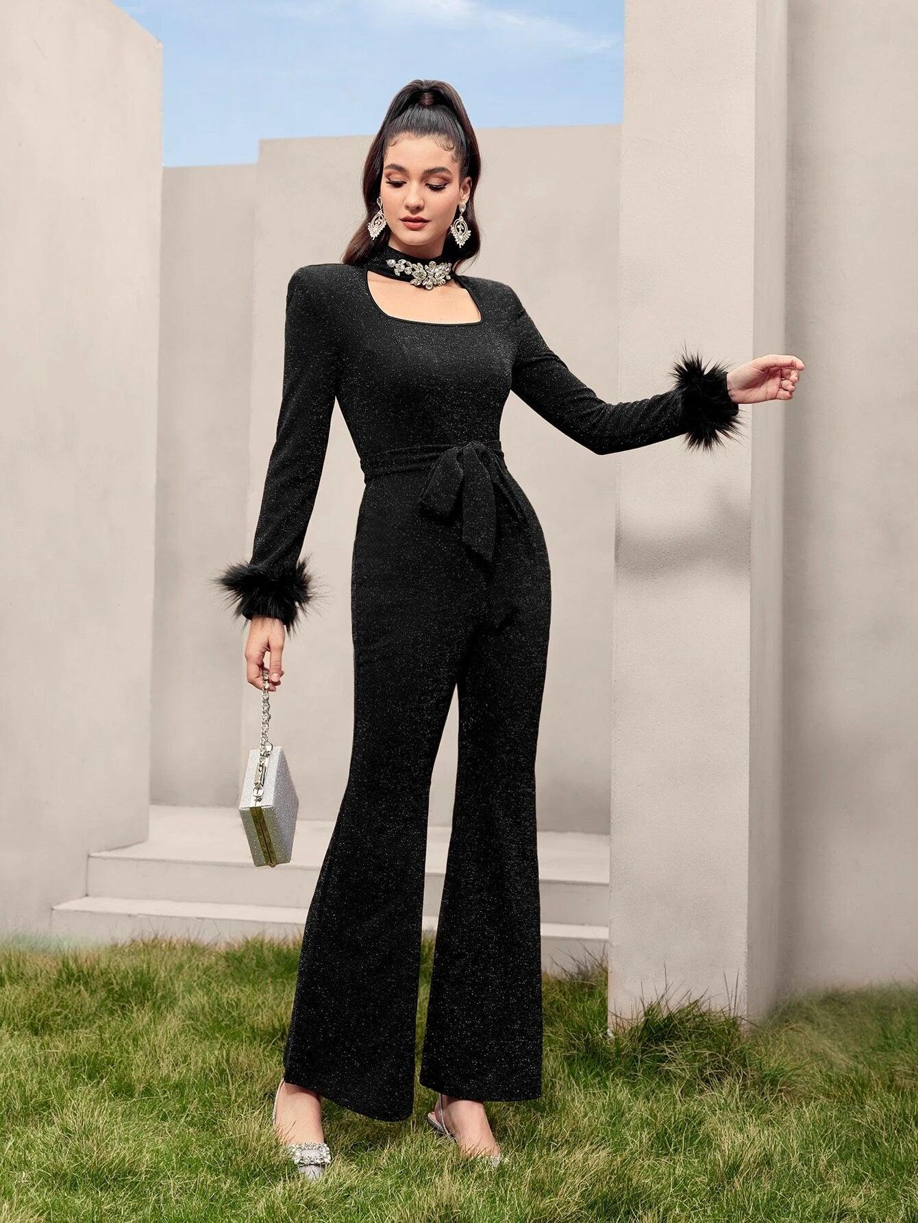 Fuzzy Cuff Belted Glitter Flare Leg Jumpsuit-Comfy Jumpsuits