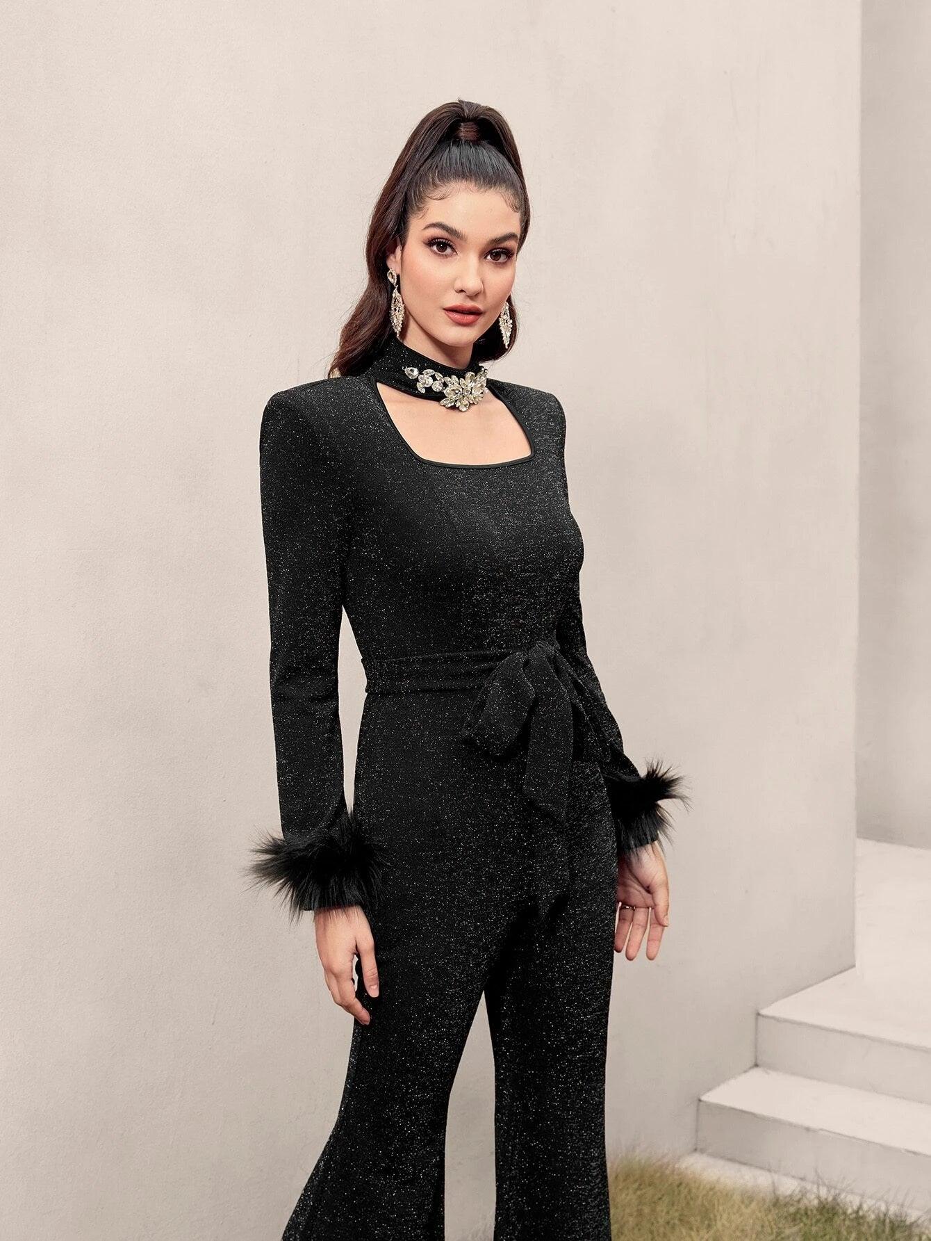 Fuzzy Cuff Belted Glitter Flare Leg Jumpsuit-Comfy Jumpsuits