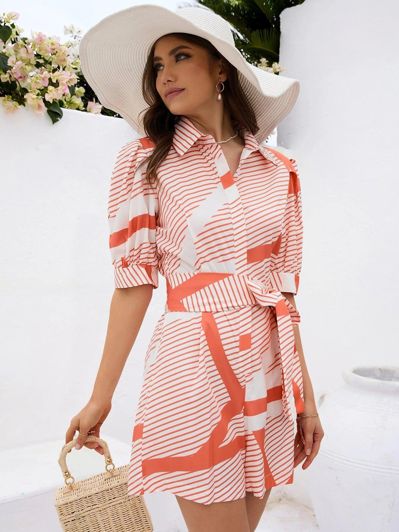 Striped Print Puff Sleeve Belted Shirt-Comfy Jumpsuits