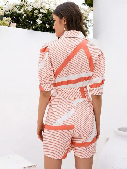 Striped Print Puff Sleeve Belted Shirt-Comfy Jumpsuits