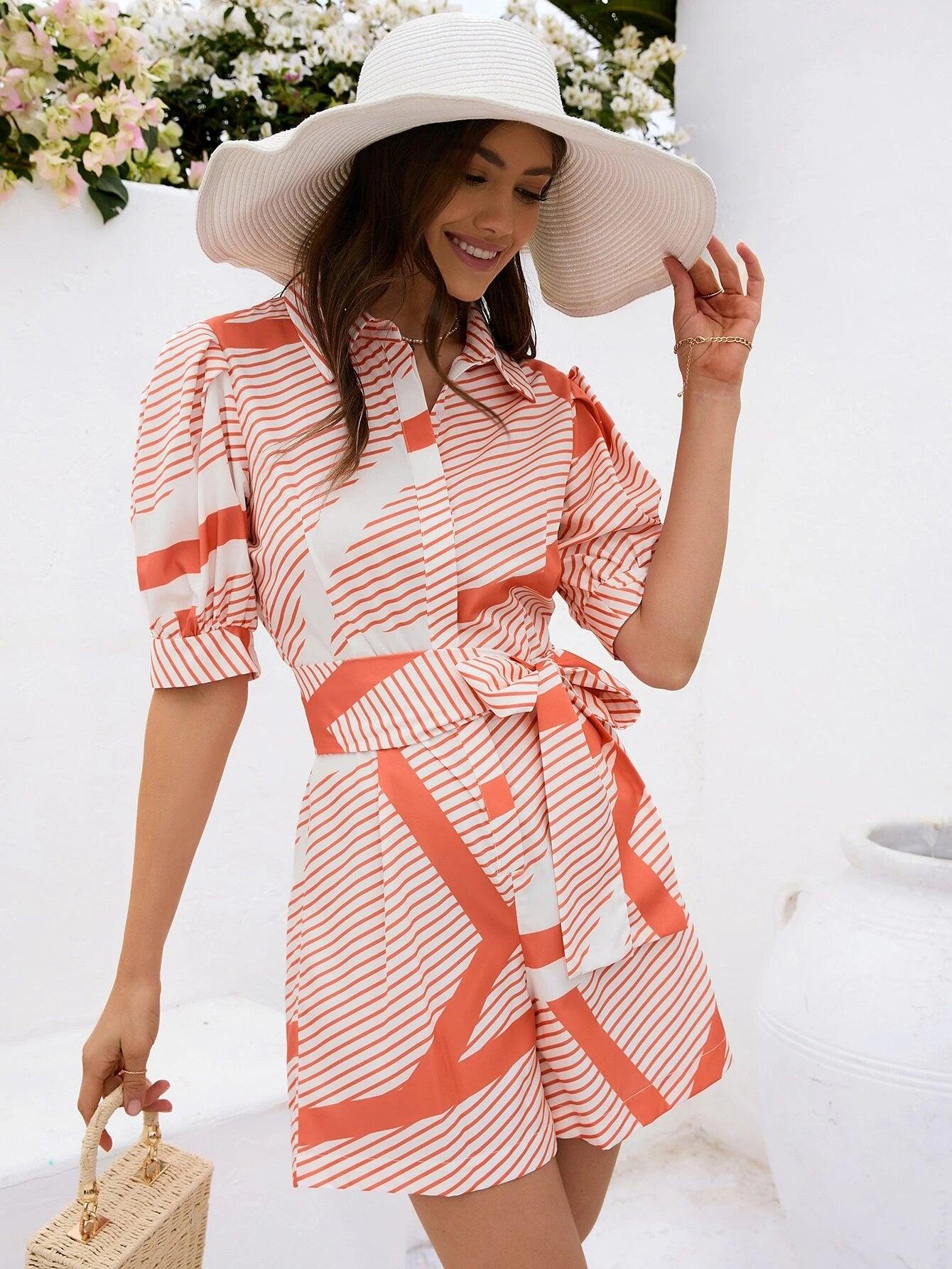 Striped Print Puff Sleeve Belted Shirt-Comfy Jumpsuits