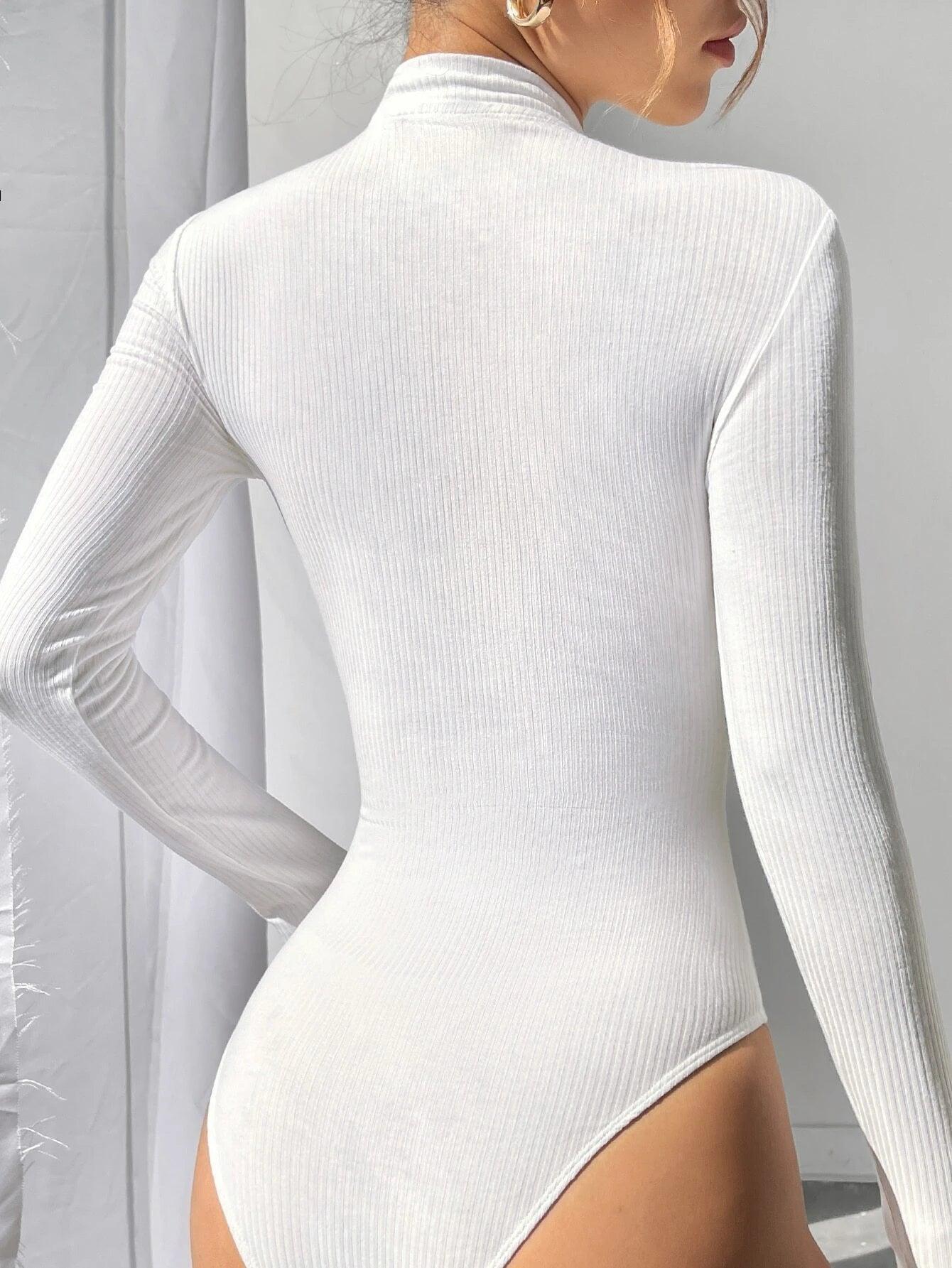 Mock Neck Half Zip Skinny Bodysuit-Comfy Jumpsuits