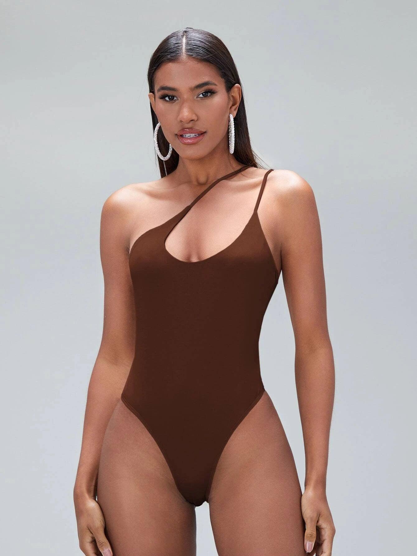 Solid Coloured One Shoulder Bodysuit-Comfy Jumpsuits