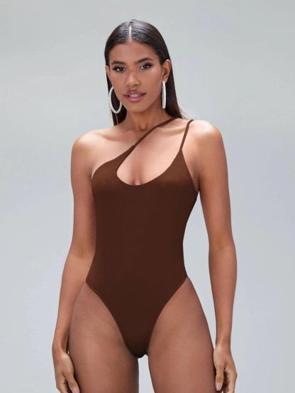 Solid Coloured One Shoulder Bodysuit-Comfy Jumpsuits