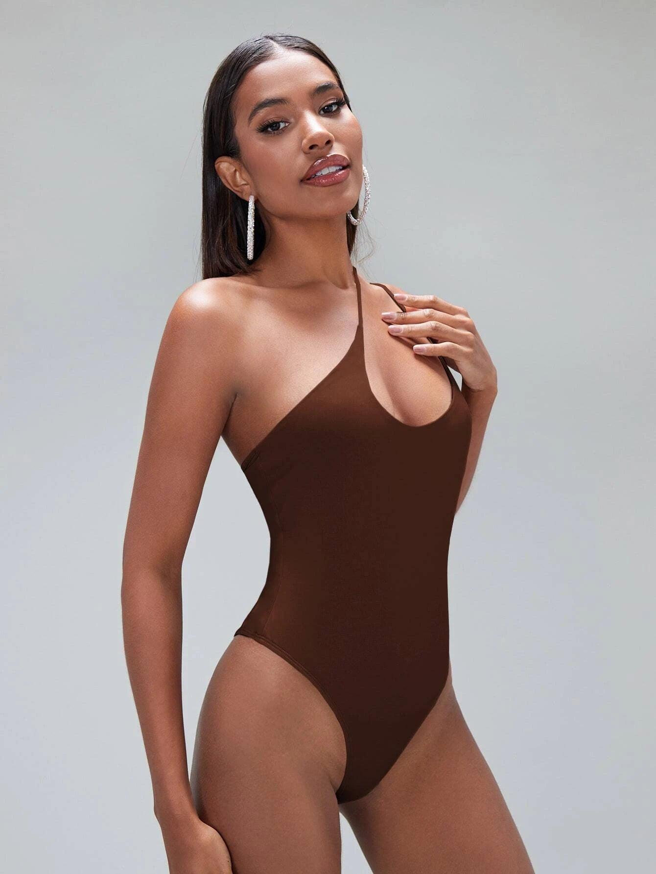 Solid Coloured One Shoulder Bodysuit-Comfy Jumpsuits