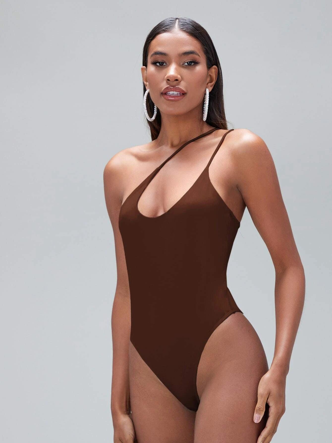 Solid Coloured One Shoulder Bodysuit-Comfy Jumpsuits