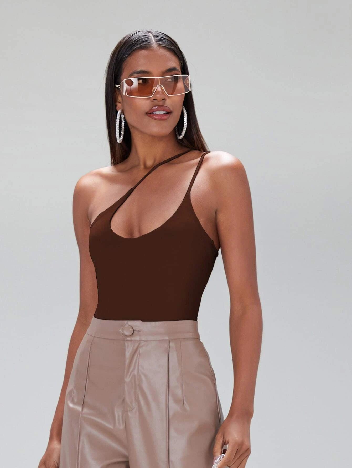 Solid Coloured One Shoulder Bodysuit-Comfy Jumpsuits