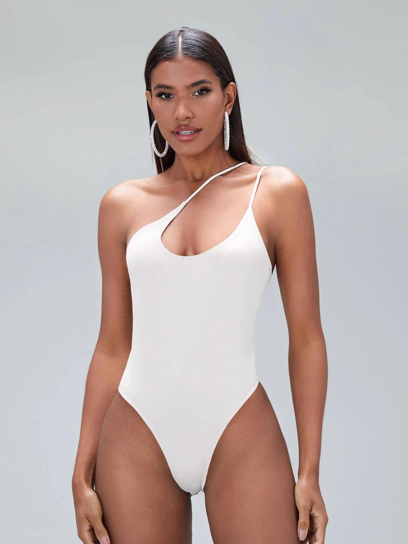 Solid Coloured One Shoulder Bodysuit-Comfy Jumpsuits